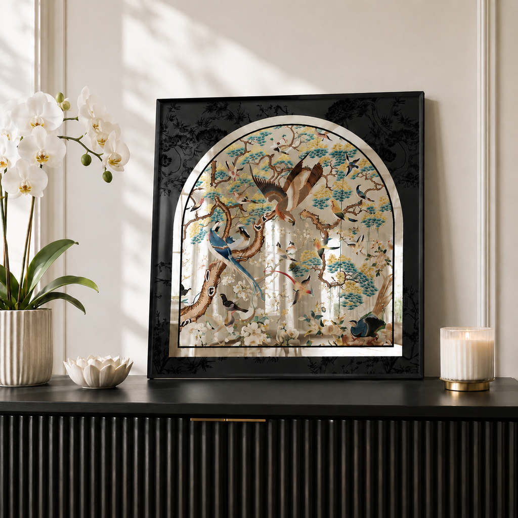 Chinoiserie Arched Acrylic Mirror Wall Art | Bird & Botanical Decor
