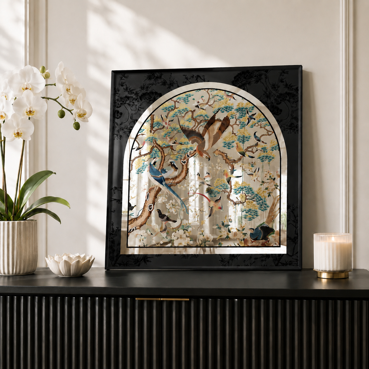 Chinoiserie Arched Acrylic Mirror Wall Art | Bird & Botanical Decor