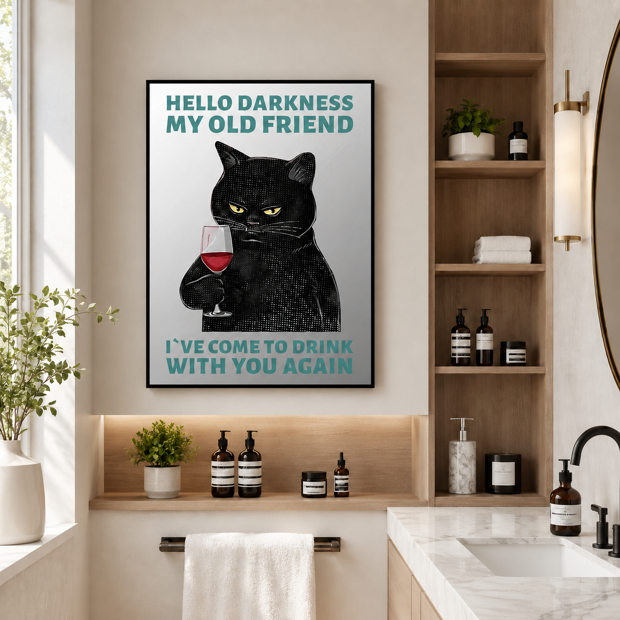 Funny Black Cat Acrylic Mirror Wall Art, Framed Quote Decor for Living Room, Kitchen & Coffee Bar