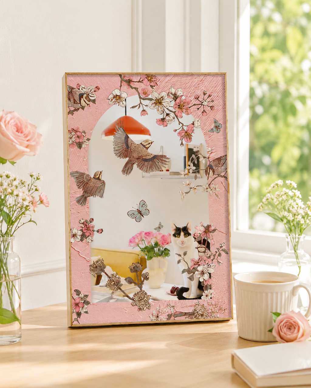 French Floral Bird Acrylic Mirror Wall Art | Pink Botanical Mirror Decor