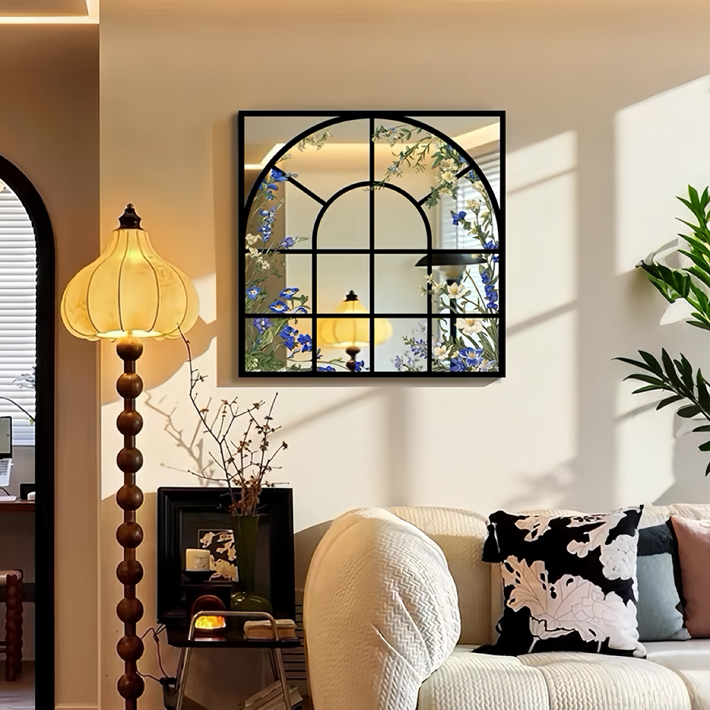 Arched Floral Window Acrylic Mirror Wall Art, Black Framed Botanical Mirror Decor for Living Room & Bedroom