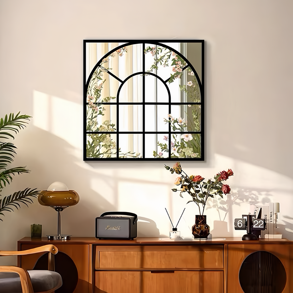 Arched Floral Window Acrylic Mirror Wall Art, Black Framed Botanical Mirror Decor for Living Room & Bedroom