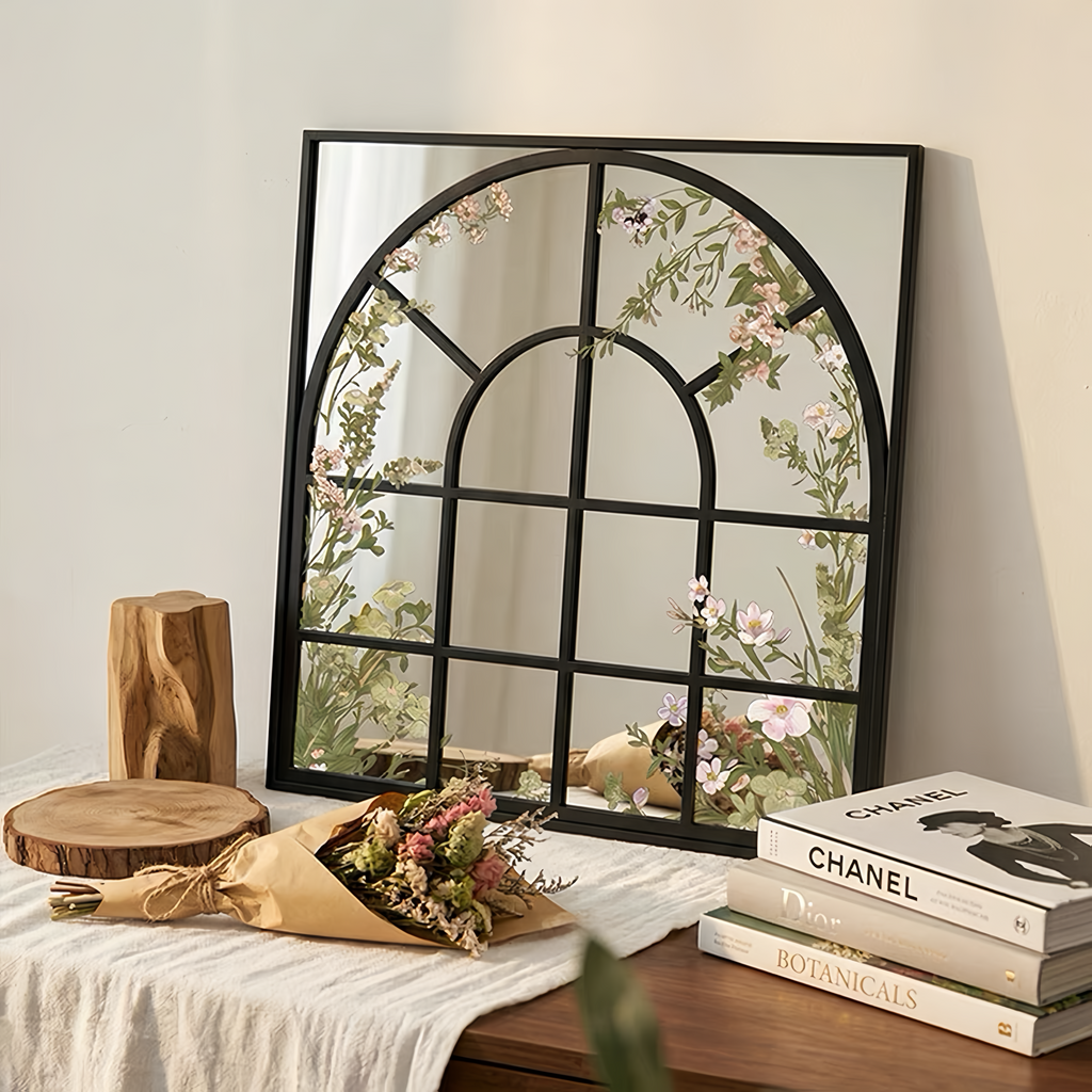 Arched Floral Window Acrylic Mirror Wall Art, Black Framed Botanical Mirror Decor for Living Room & Bedroom