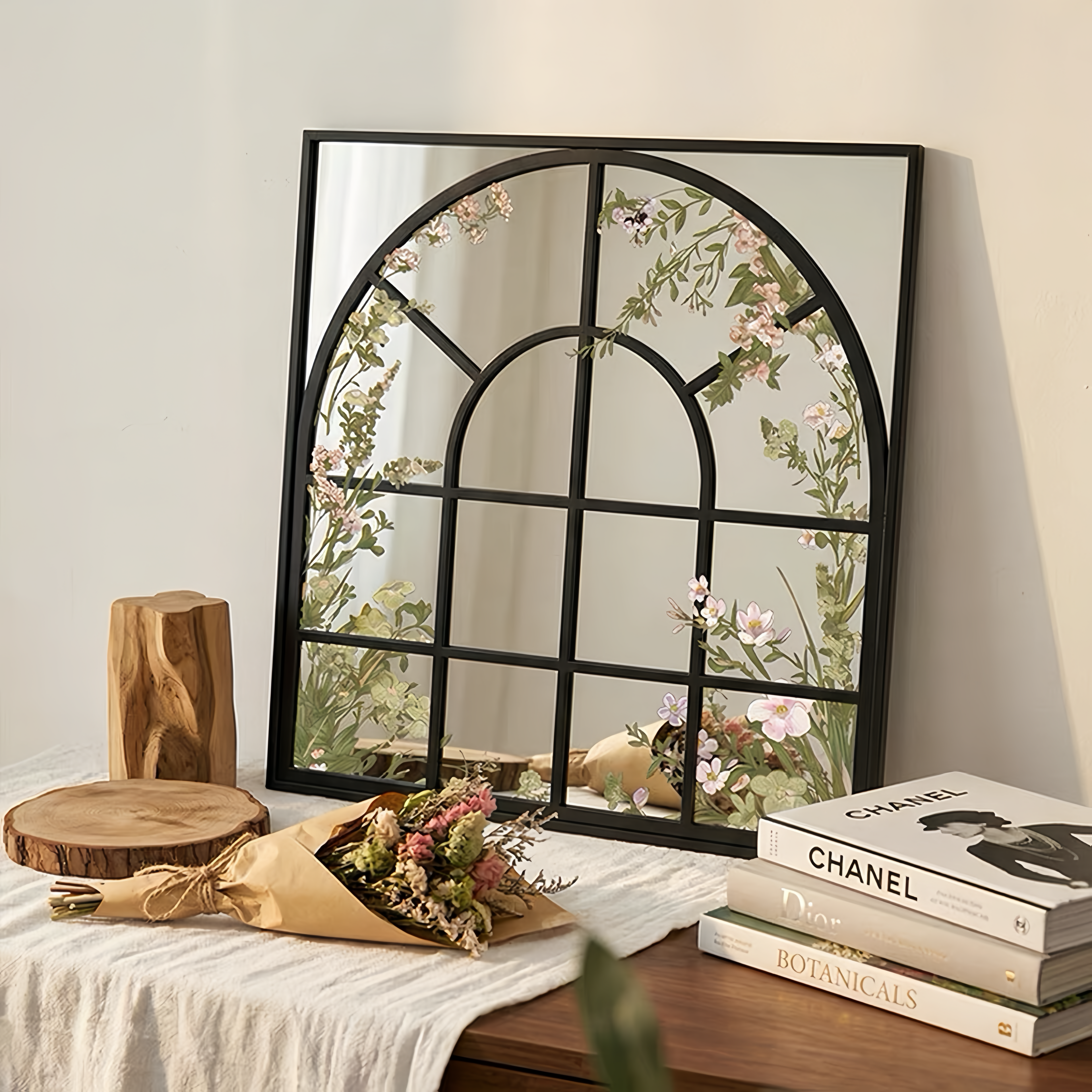 Arched Floral Window Acrylic Mirror Wall Art, Black Framed Botanical Mirror Decor for Living Room & Bedroom