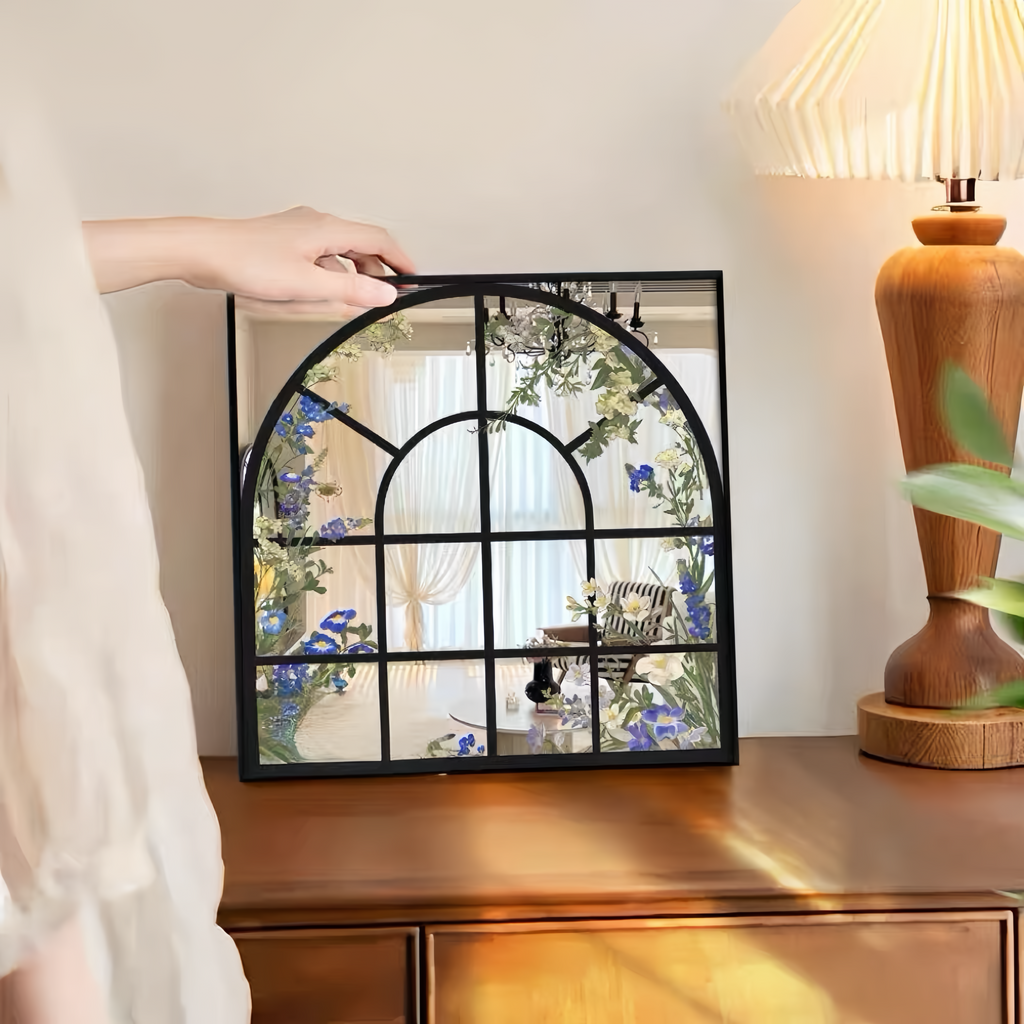 Arched Floral Window Acrylic Mirror Wall Art, Black Framed Botanical Mirror Decor for Living Room & Bedroom