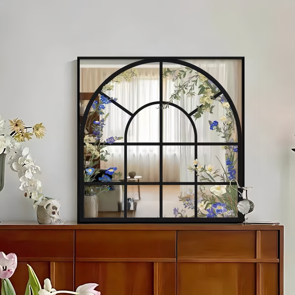 Arched Floral Window Acrylic Mirror Wall Art, Black Framed Botanical Mirror Decor for Living Room & Bedroom