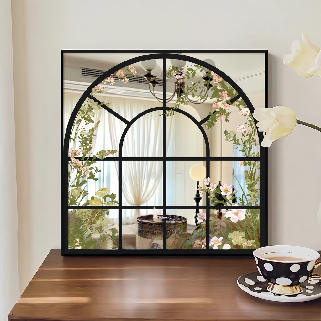 Arched Floral Window Acrylic Mirror Wall Art, Black Framed Botanical Mirror Decor for Living Room & Bedroom