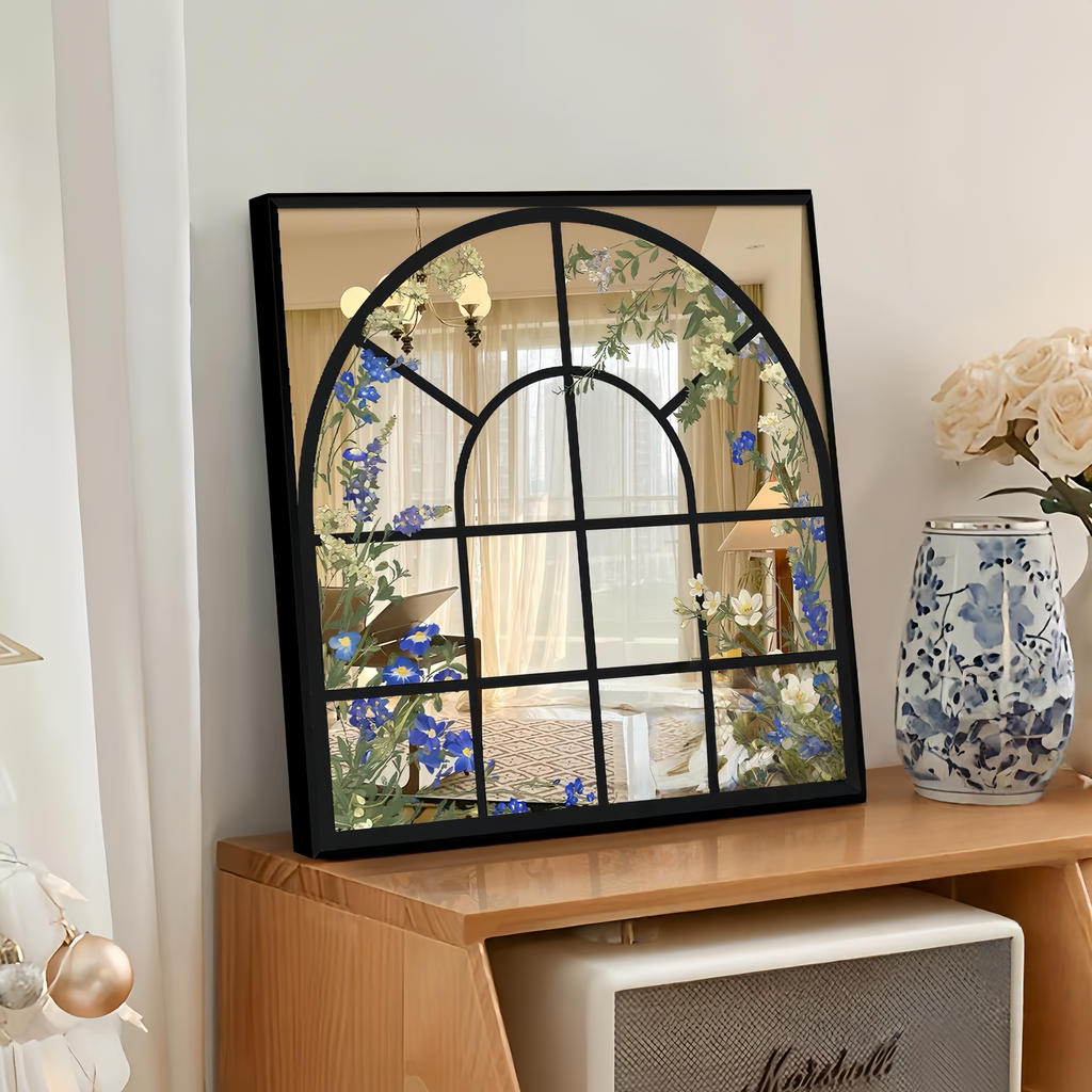 Arched Floral Window Acrylic Mirror Wall Art, Black Framed Botanical Mirror Decor for Living Room & Bedroom