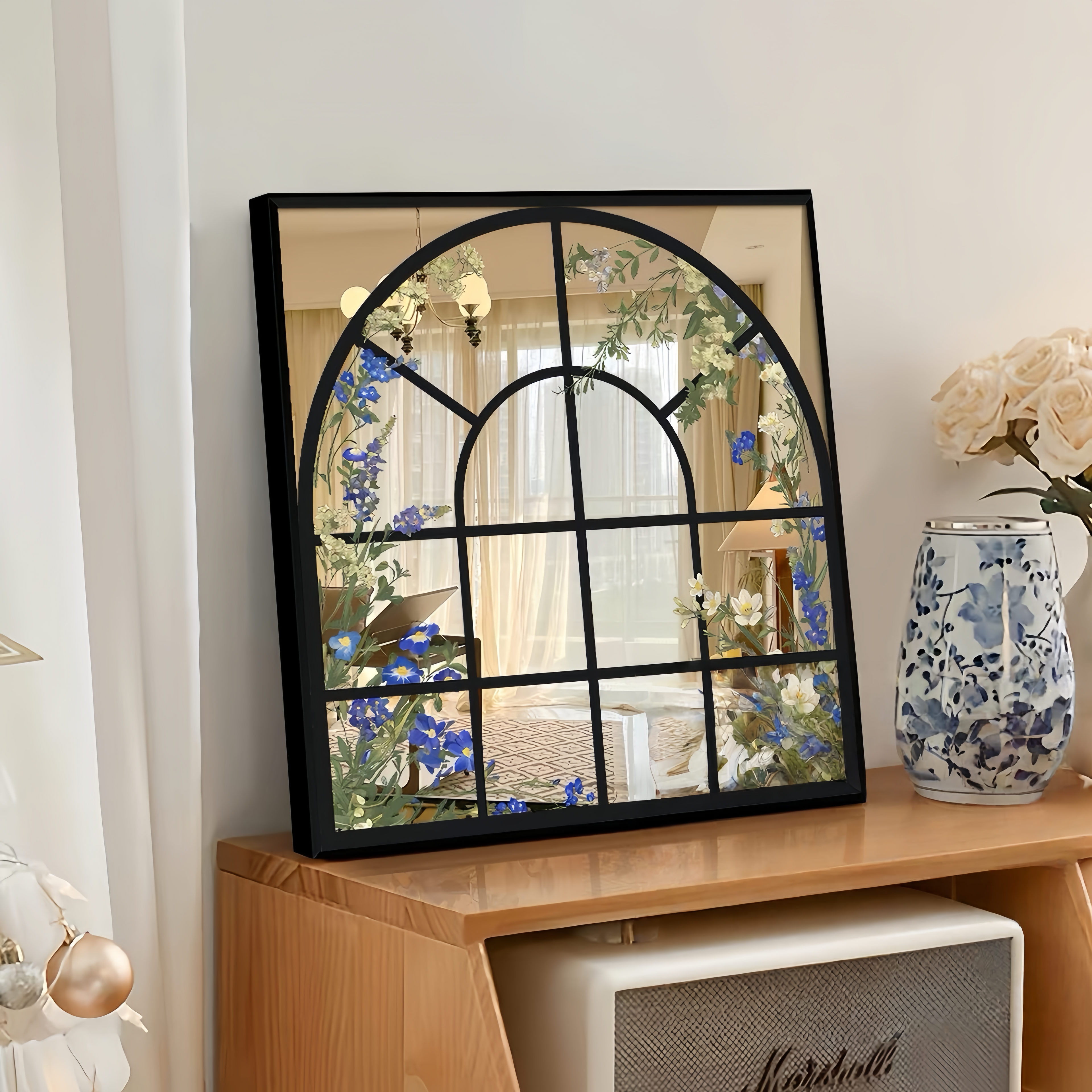 Arched Floral Window Acrylic Mirror Wall Art, Black Framed Botanical Mirror Decor for Living Room & Bedroom