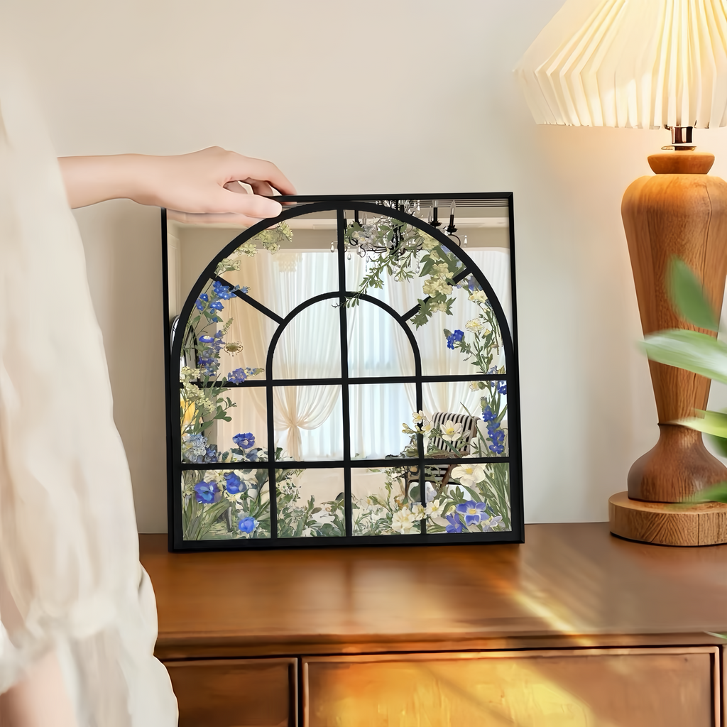 Arched Floral Window Acrylic Mirror Wall Art, Black Framed Botanical Mirror Decor for Living Room & Bedroom