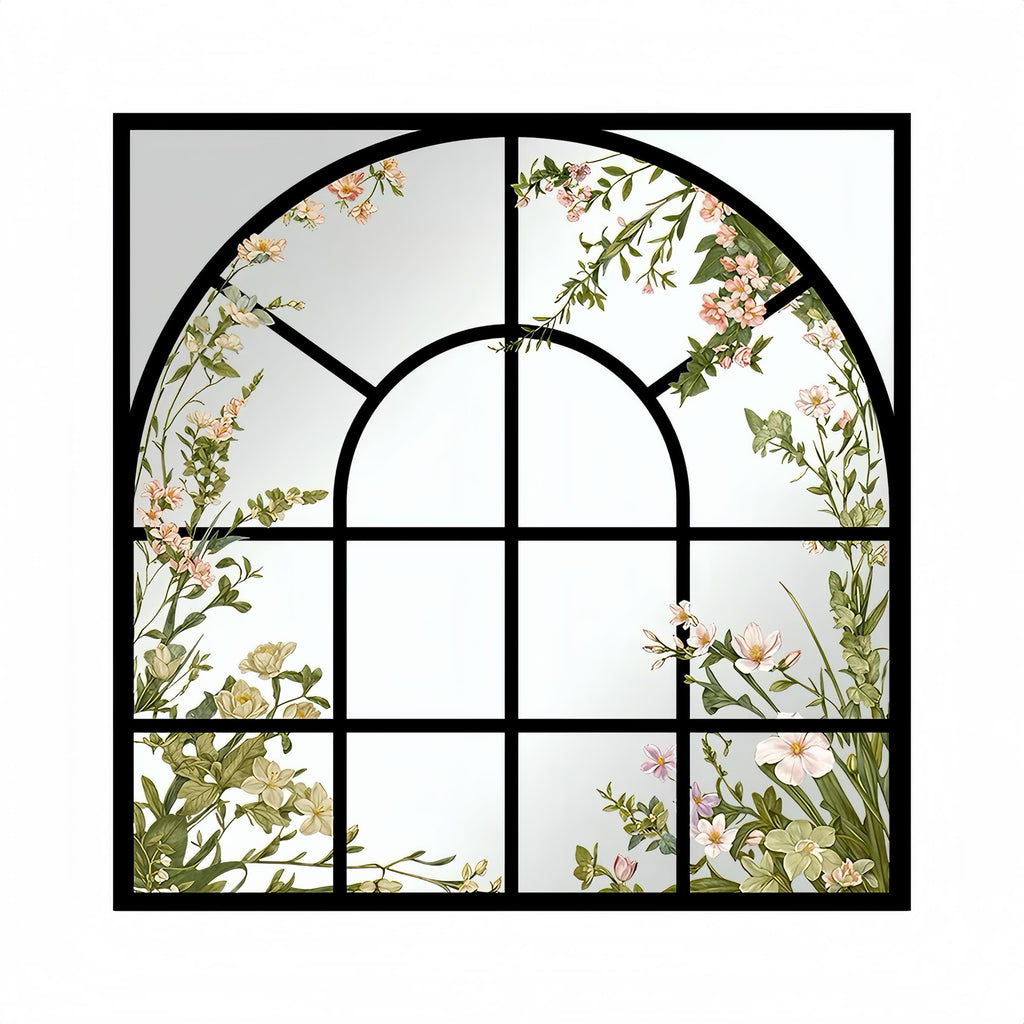 Arched Floral Window Acrylic Mirror Wall Art, Black Framed Botanical Mirror Decor for Living Room & Bedroom