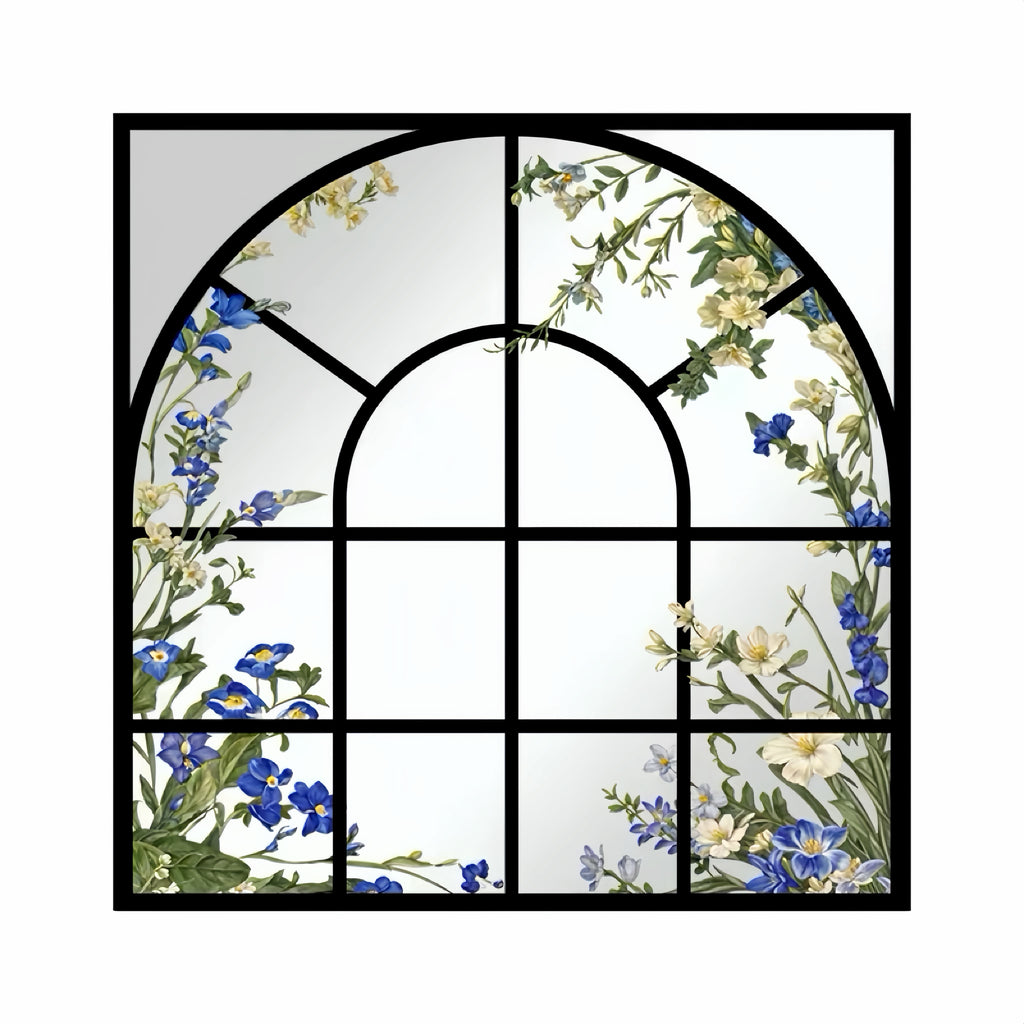 Arched Floral Window Acrylic Mirror Wall Art, Black Framed Botanical Mirror Decor for Living Room & Bedroom