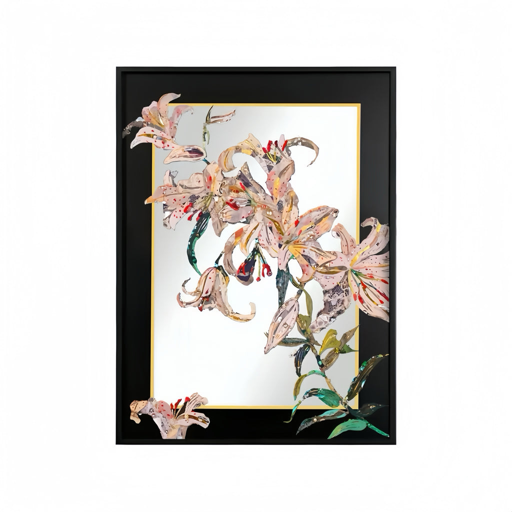 Lily Flower Acrylic Mirror Wall Art, Black Framed Floral Decor for Bedroom & Living Room