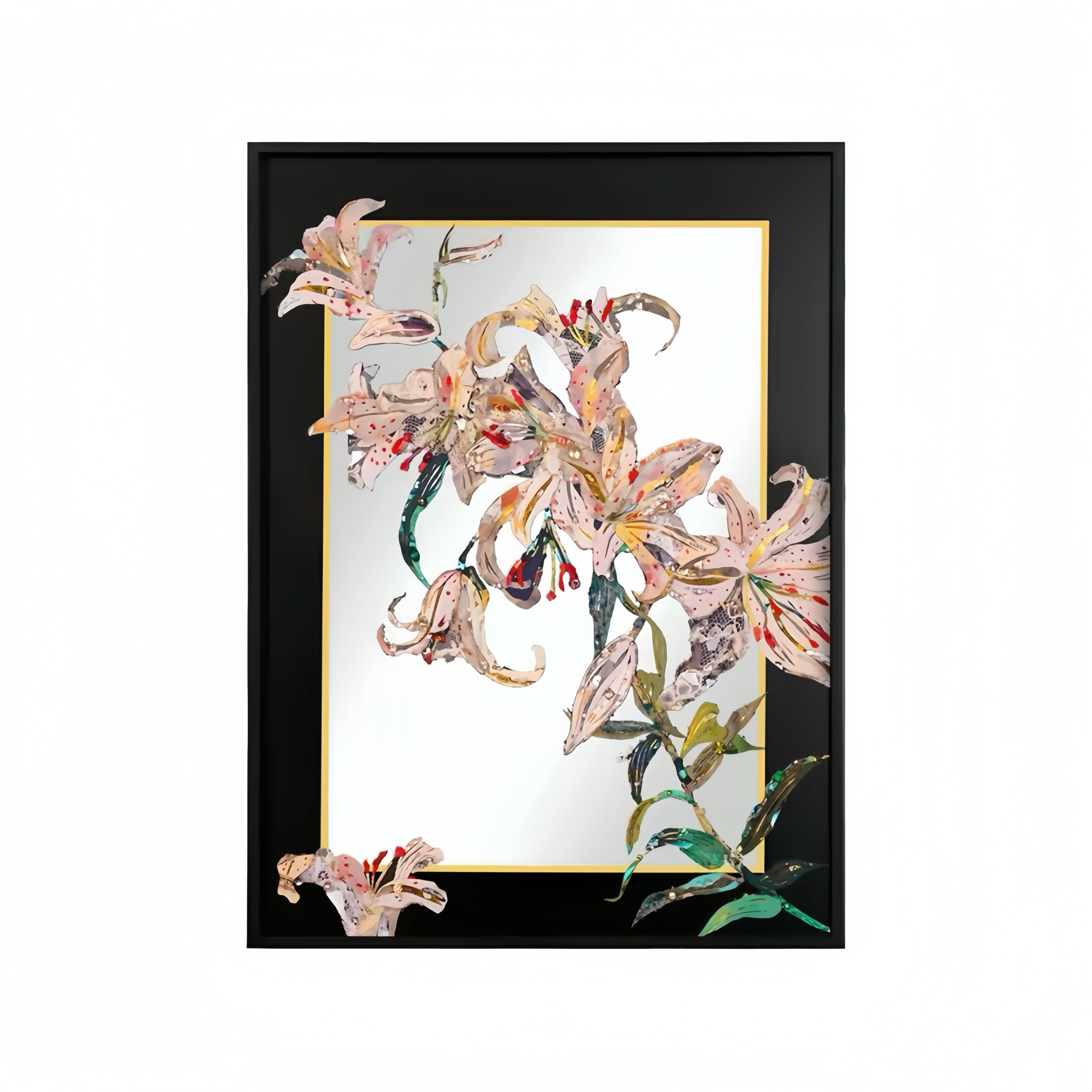 Lily Flower Acrylic Mirror Wall Art, Black Framed Floral Decor for Bedroom & Living Room