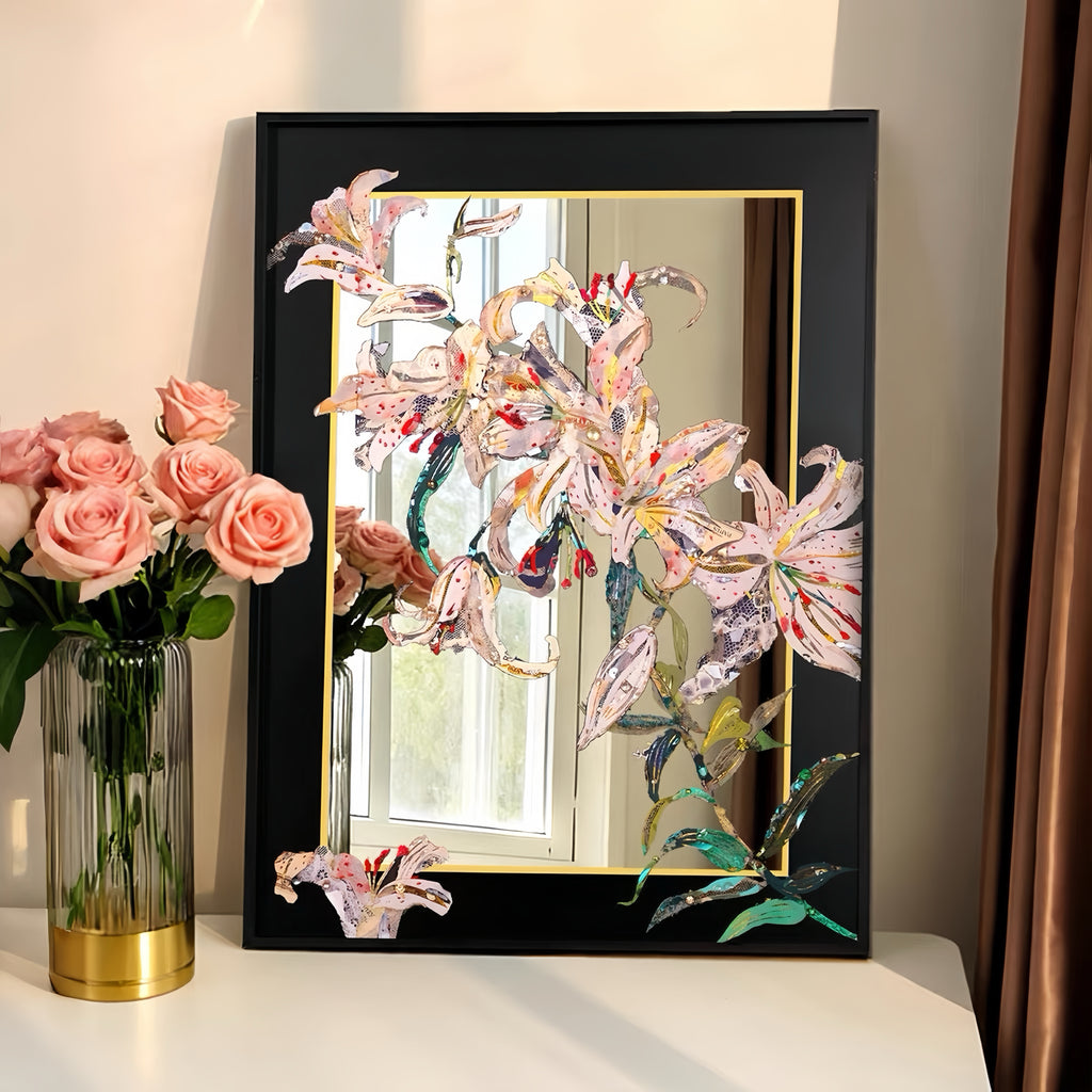 Lily Flower Acrylic Mirror Wall Art, Black Framed Floral Decor for Bedroom & Living Room