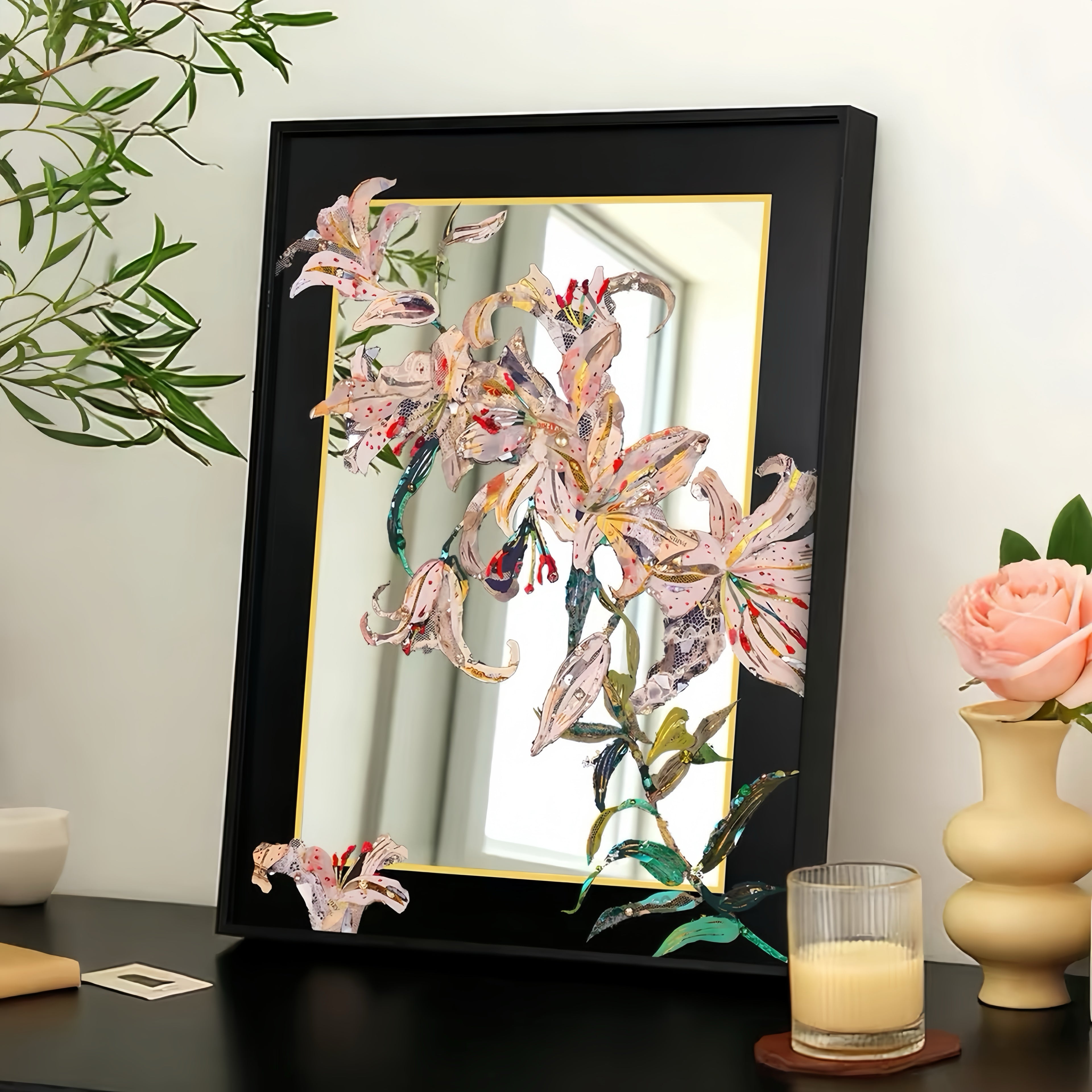 Lily Flower Acrylic Mirror Wall Art, Black Framed Floral Decor for Bedroom & Living Room
