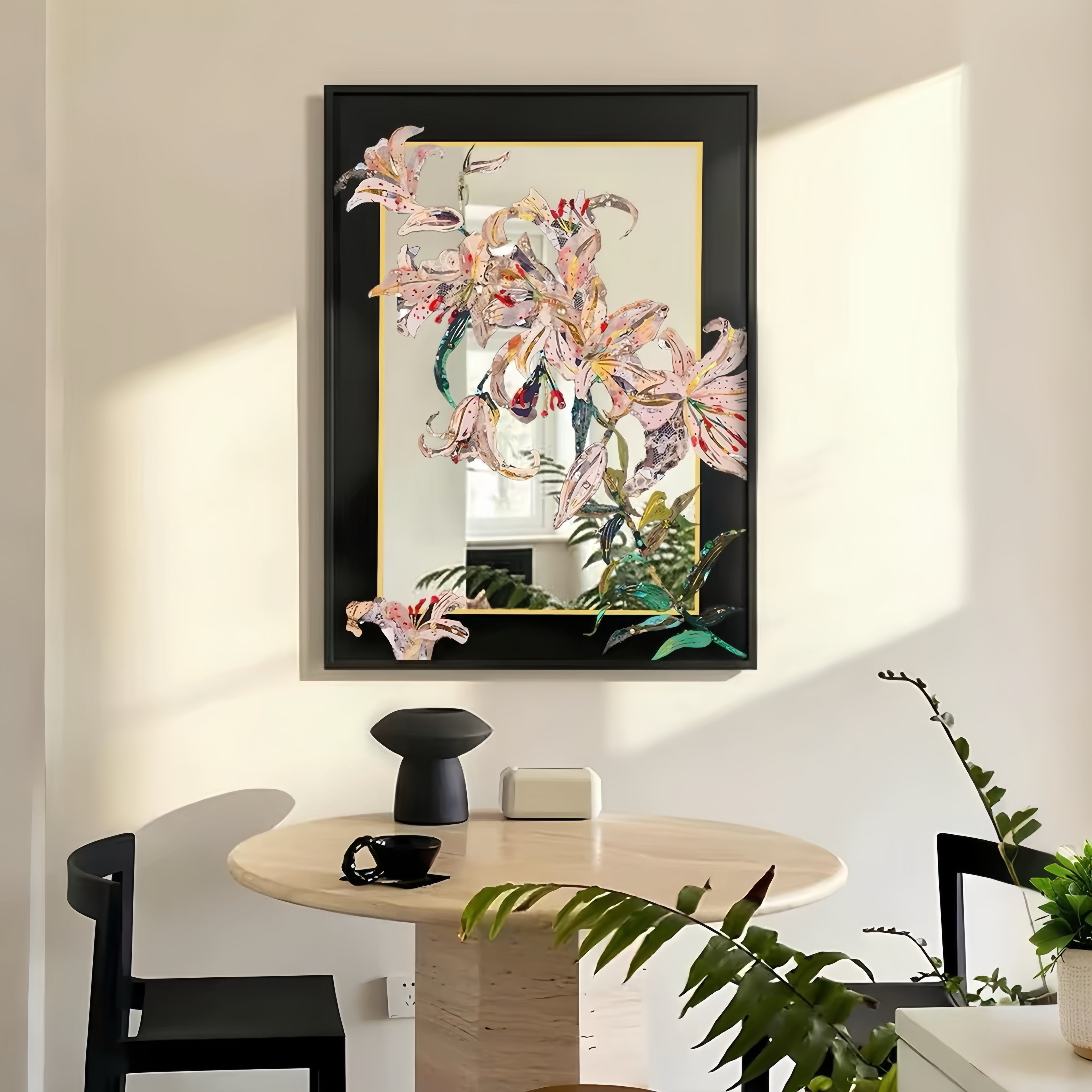 Lily Flower Acrylic Mirror Wall Art, Black Framed Floral Decor for Bedroom & Living Room