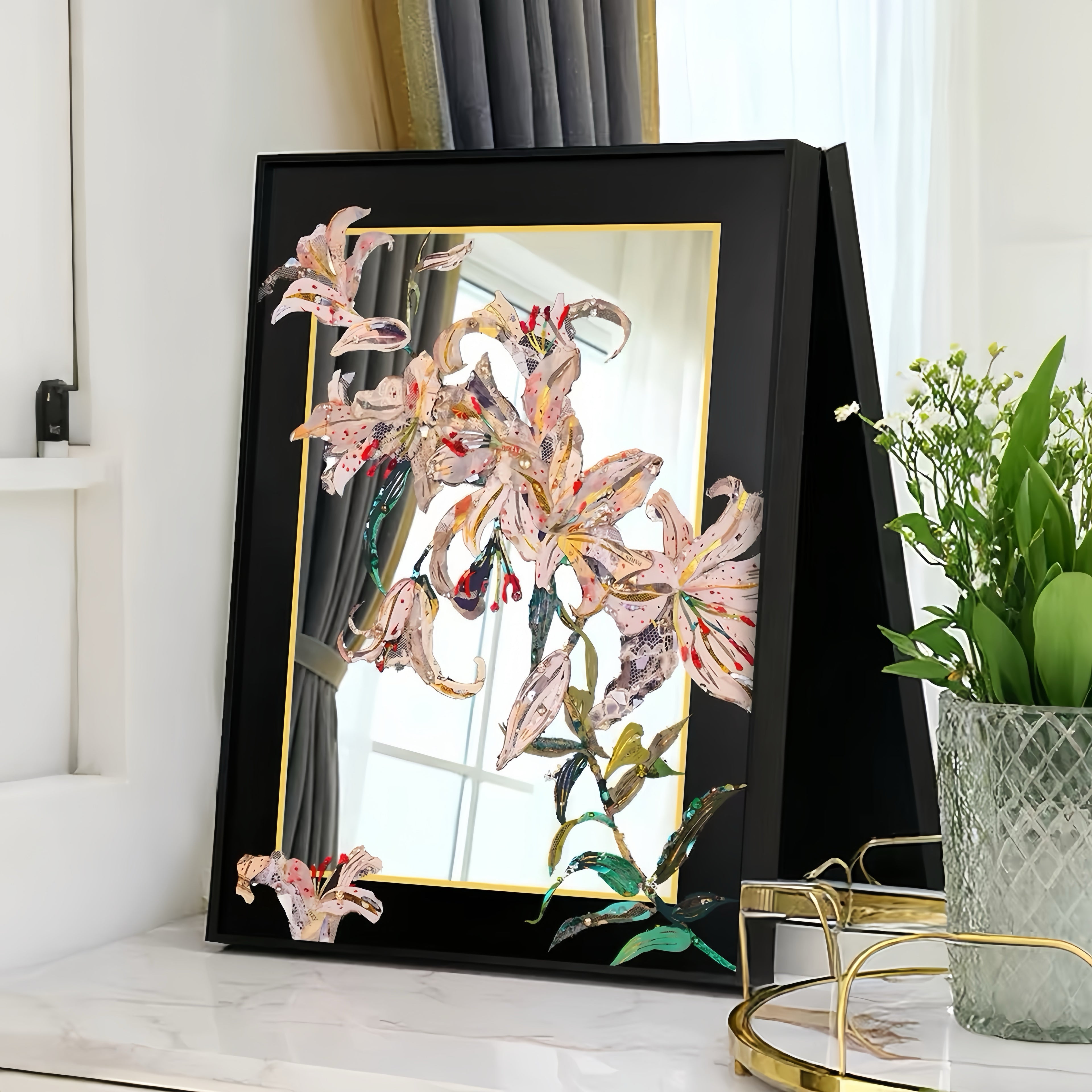 Lily Flower Acrylic Mirror Wall Art, Black Framed Floral Decor for Bedroom & Living Room