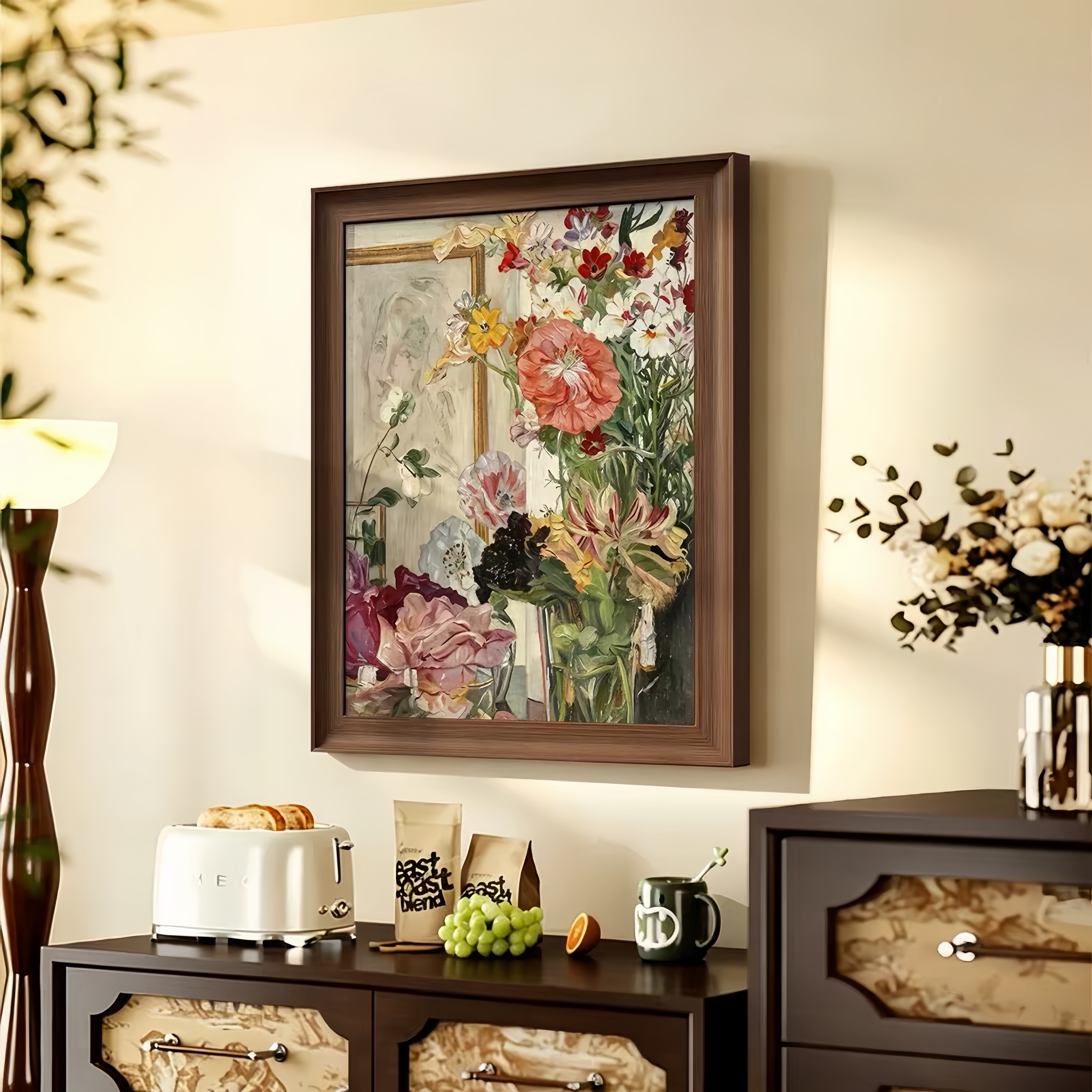 Colorful Floral Acrylic Mirror Wall Art, Framed Botanical Decor for Living Room & Bedroom