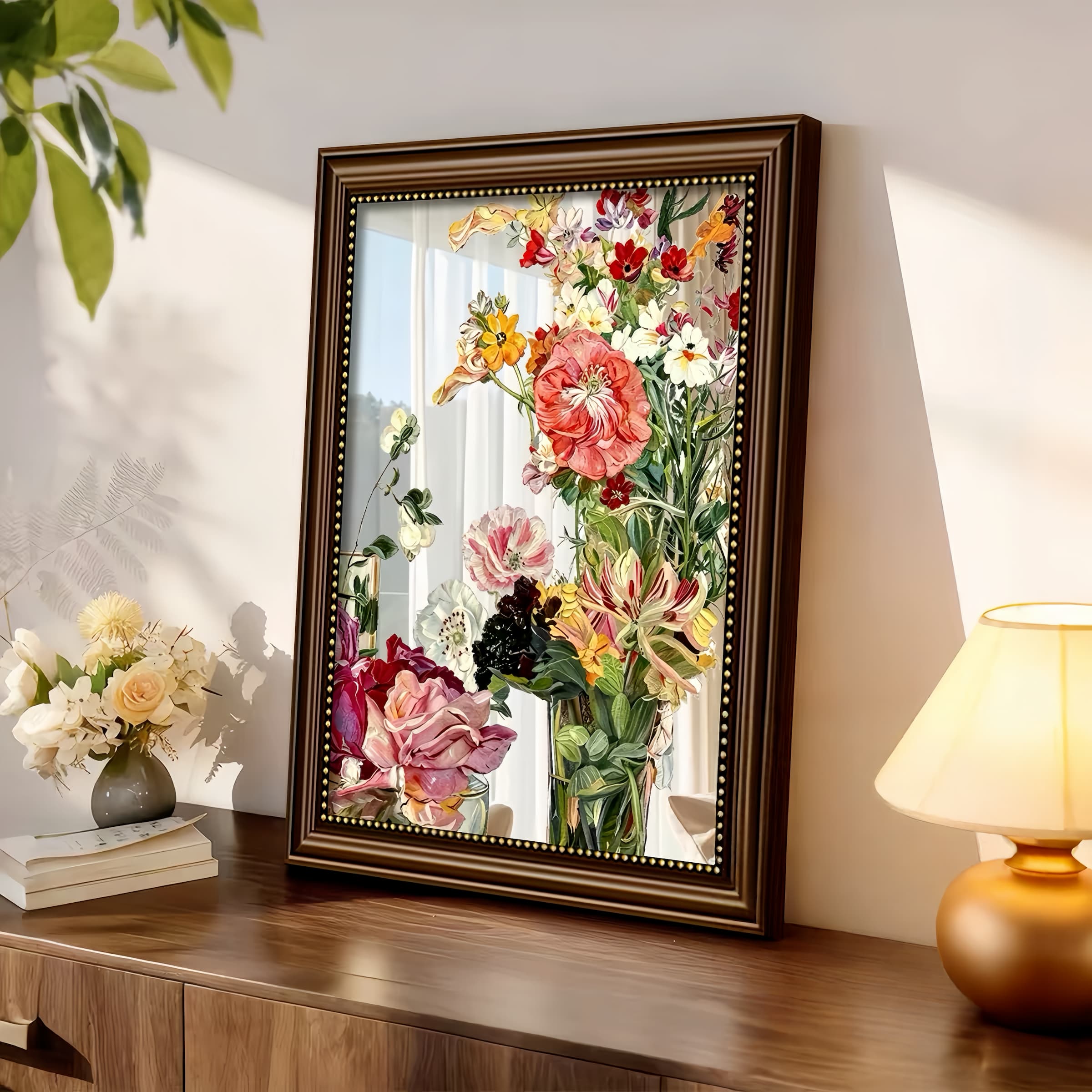 Colorful Floral Acrylic Mirror Wall Art, Framed Botanical Decor for Living Room & Bedroom
