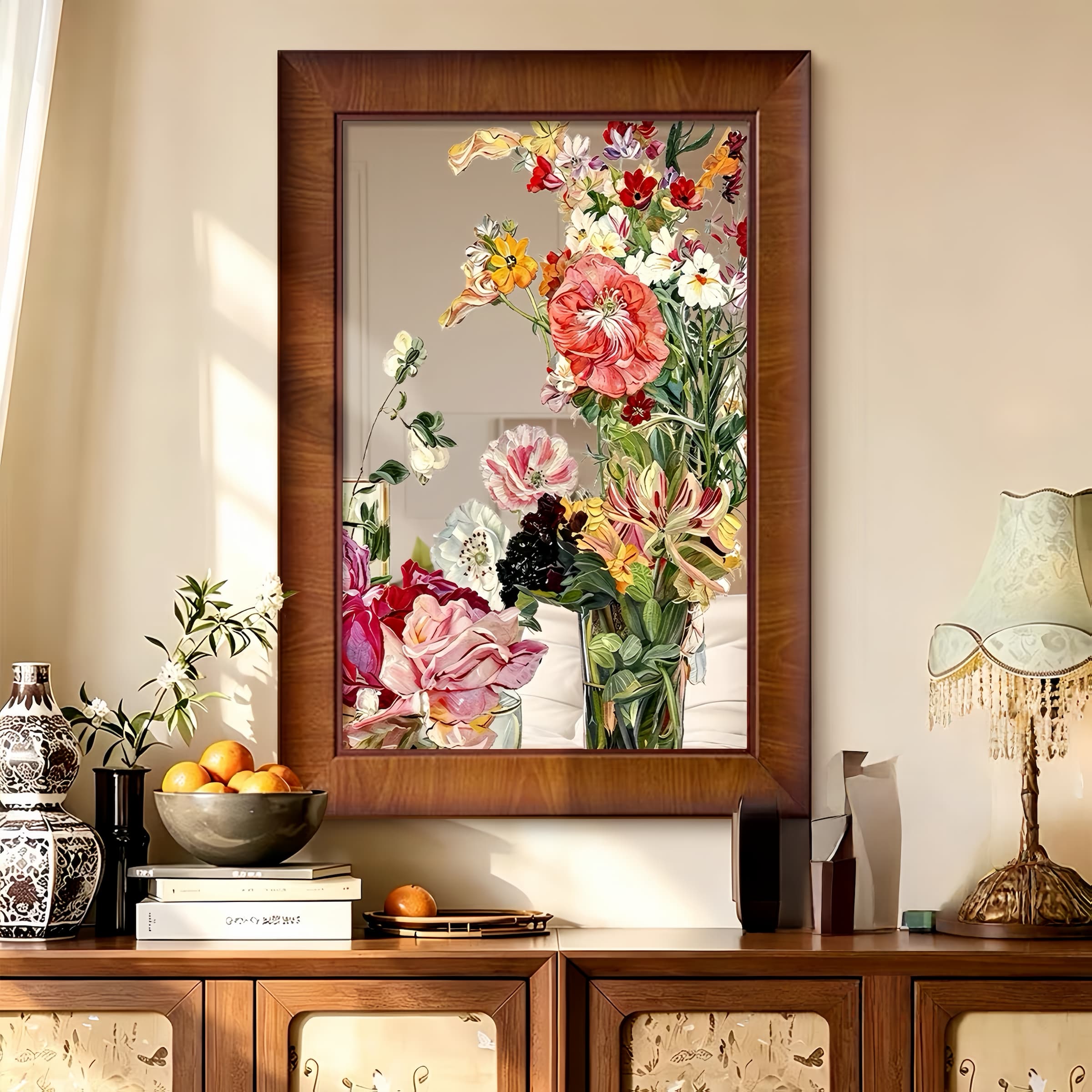 Colorful Floral Acrylic Mirror Wall Art, Framed Botanical Decor for Living Room & Bedroom