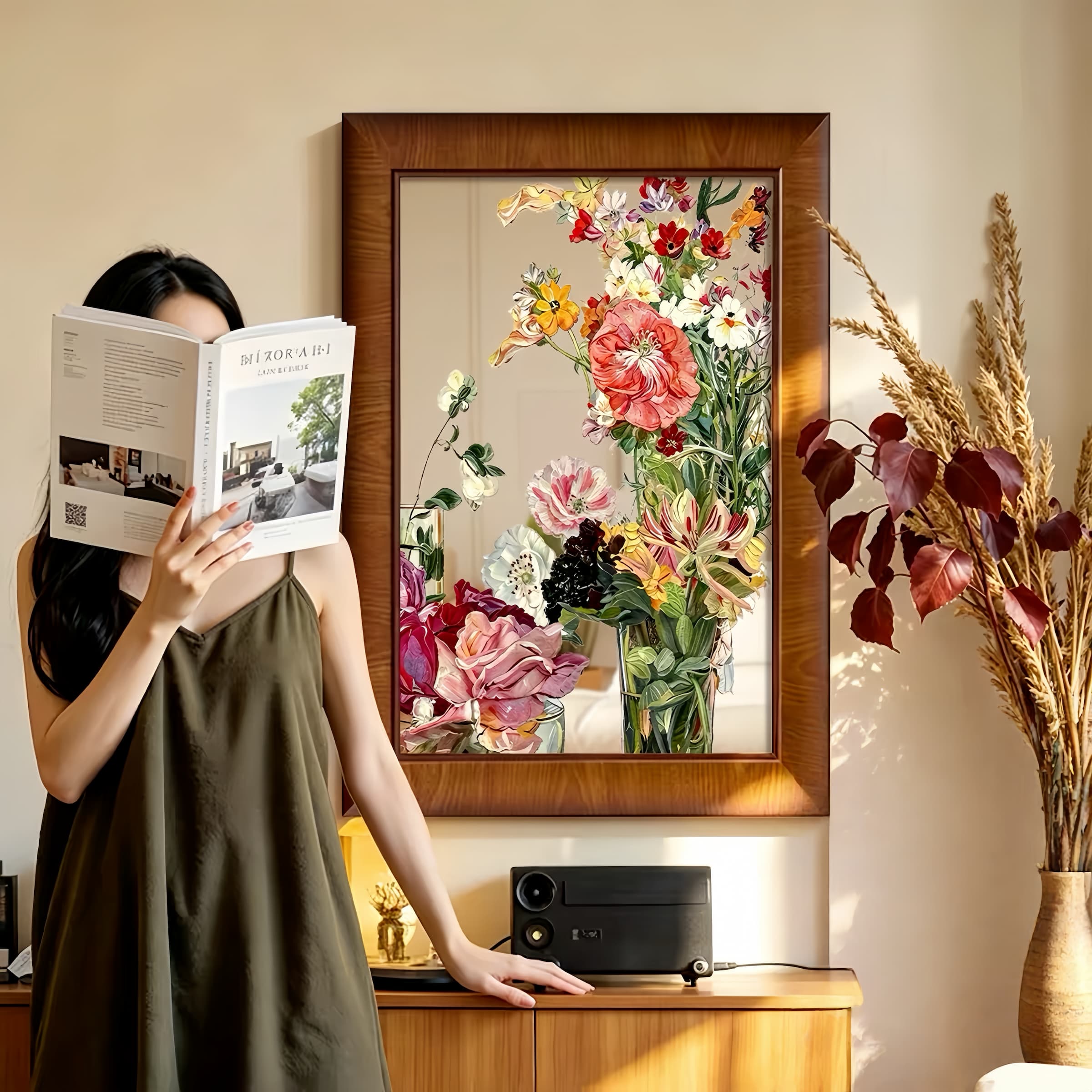 Colorful Floral Acrylic Mirror Wall Art, Framed Botanical Decor for Living Room & Bedroom