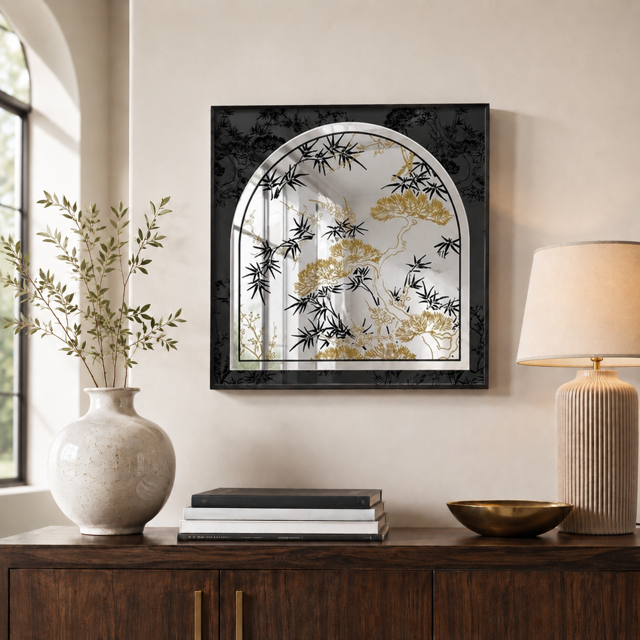 Chinoiserie Arched Acrylic Mirror Wall Art | Bird & Botanical Decor