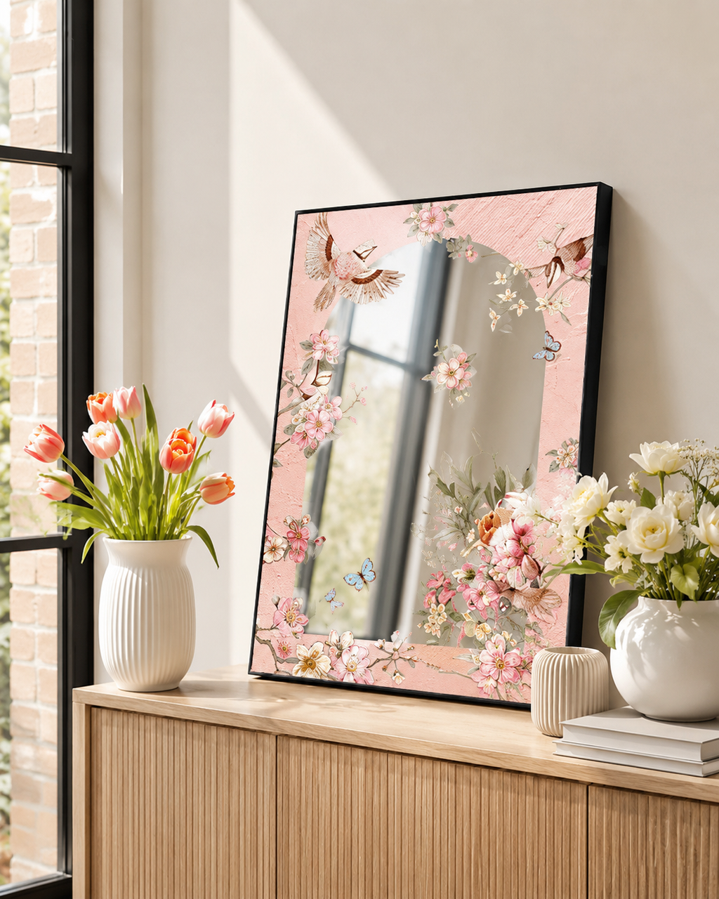French Floral Bird Acrylic Mirror Wall Art | Pink Botanical Mirror Decor
