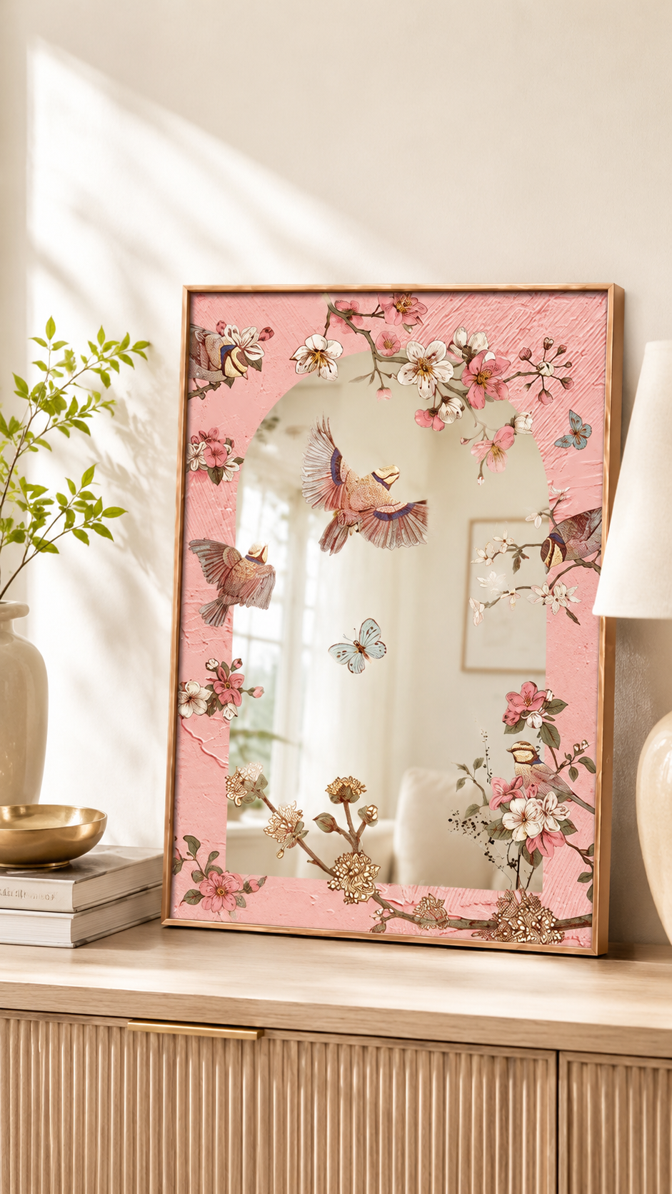 French Floral Bird Acrylic Mirror Wall Art | Pink Botanical Mirror Decor