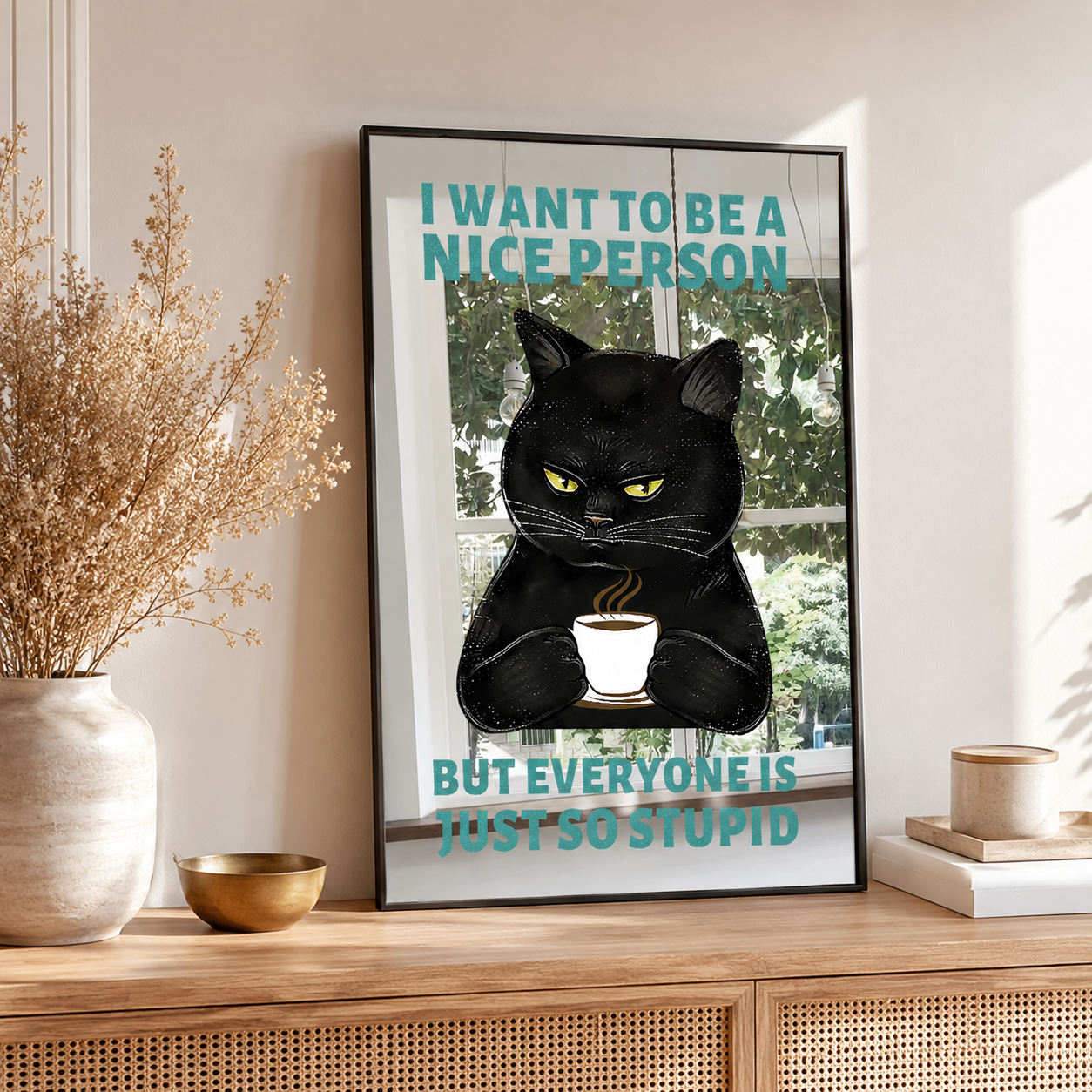Funny Black Cat Acrylic Mirror Wall Art, Framed Quote Decor for Living Room, Kitchen & Coffee Bar