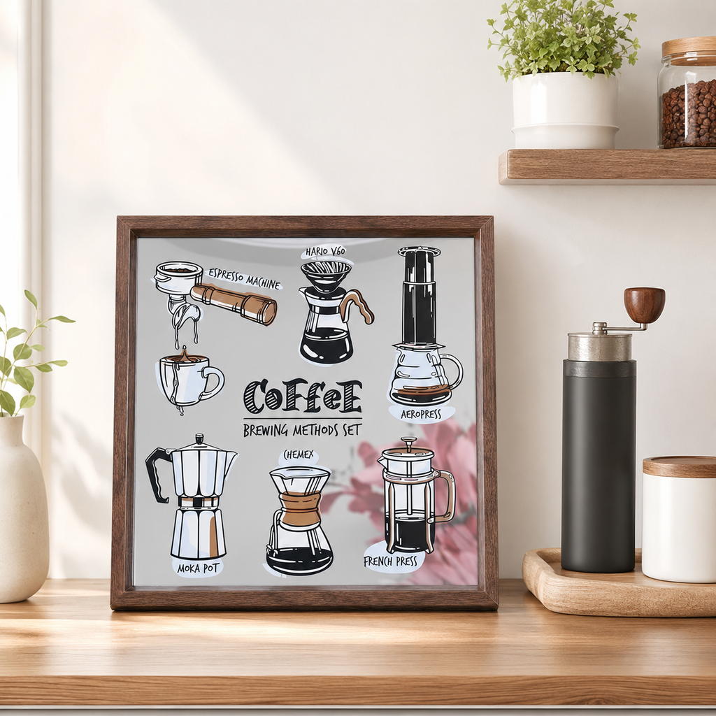Coffee Brewing Methods Acrylic Mirror Wall Art | Coffee Bar Decor