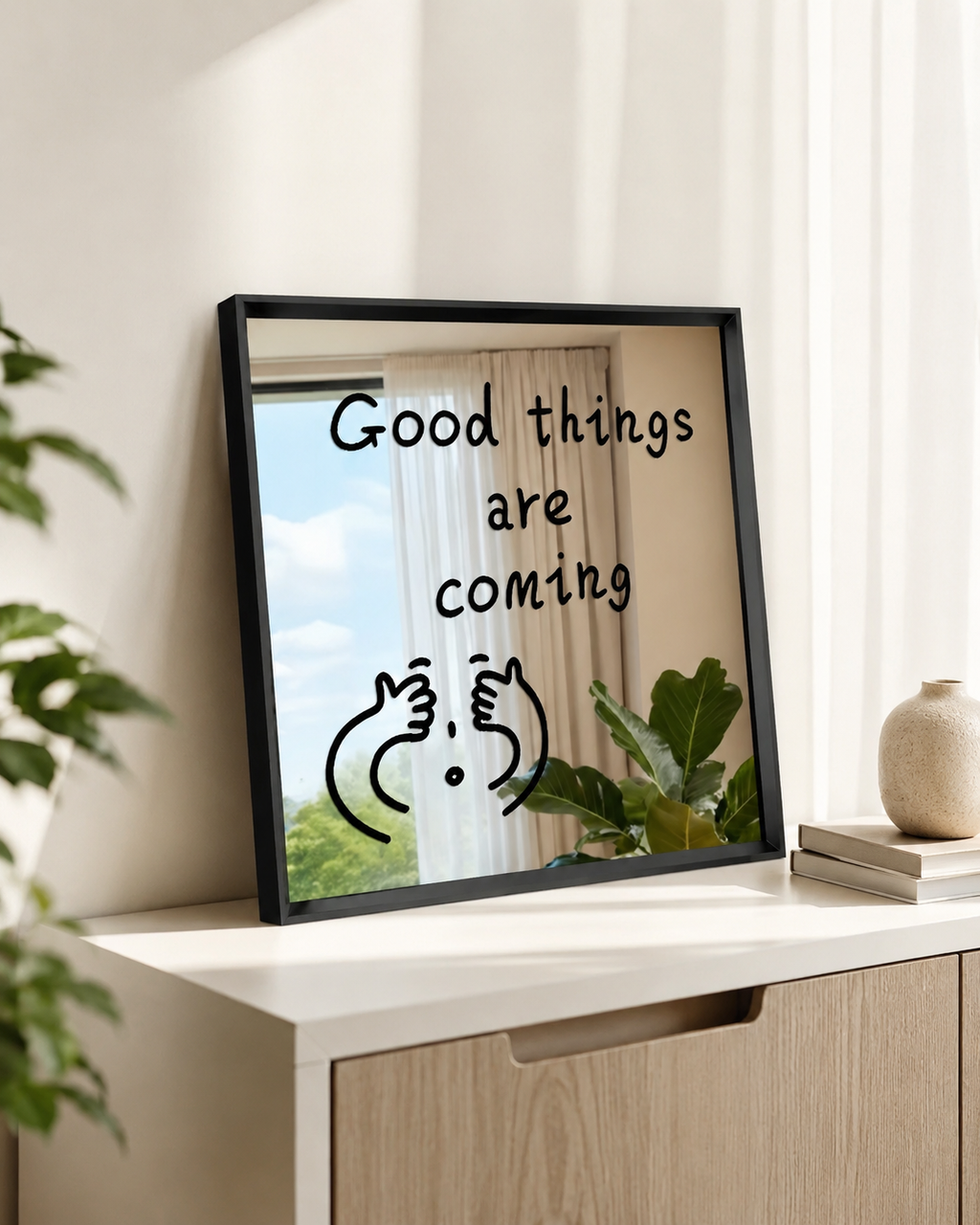 Good Things Are Coming Acrylic Mirror Wall Art, Black Framed Motivational Quote Decor