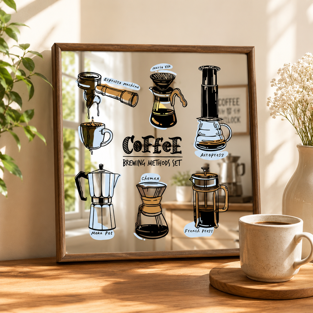 Coffee Brewing Methods Acrylic Mirror Wall Art | Coffee Bar Decor