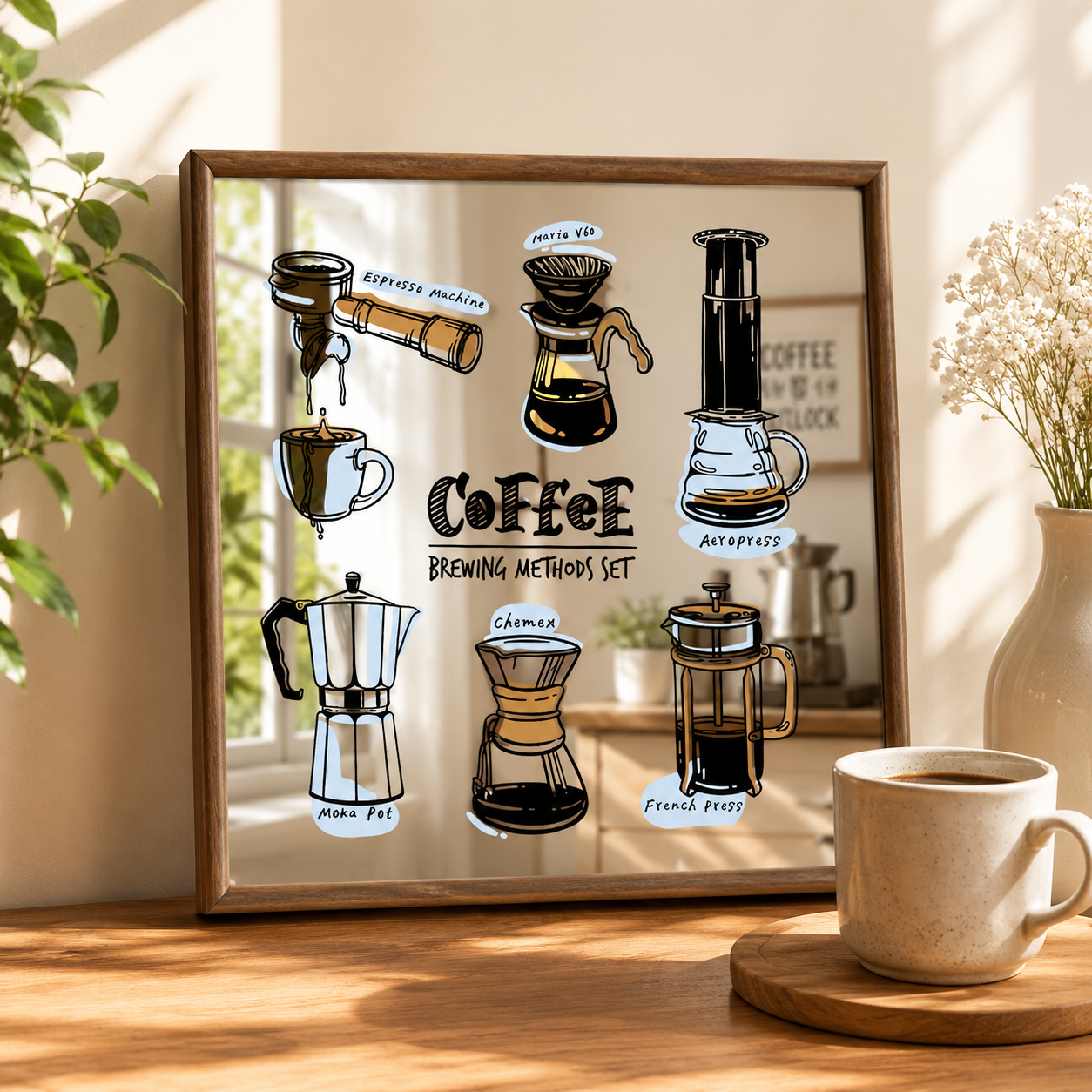 Coffee Brewing Methods Acrylic Mirror Wall Art | Coffee Bar Decor