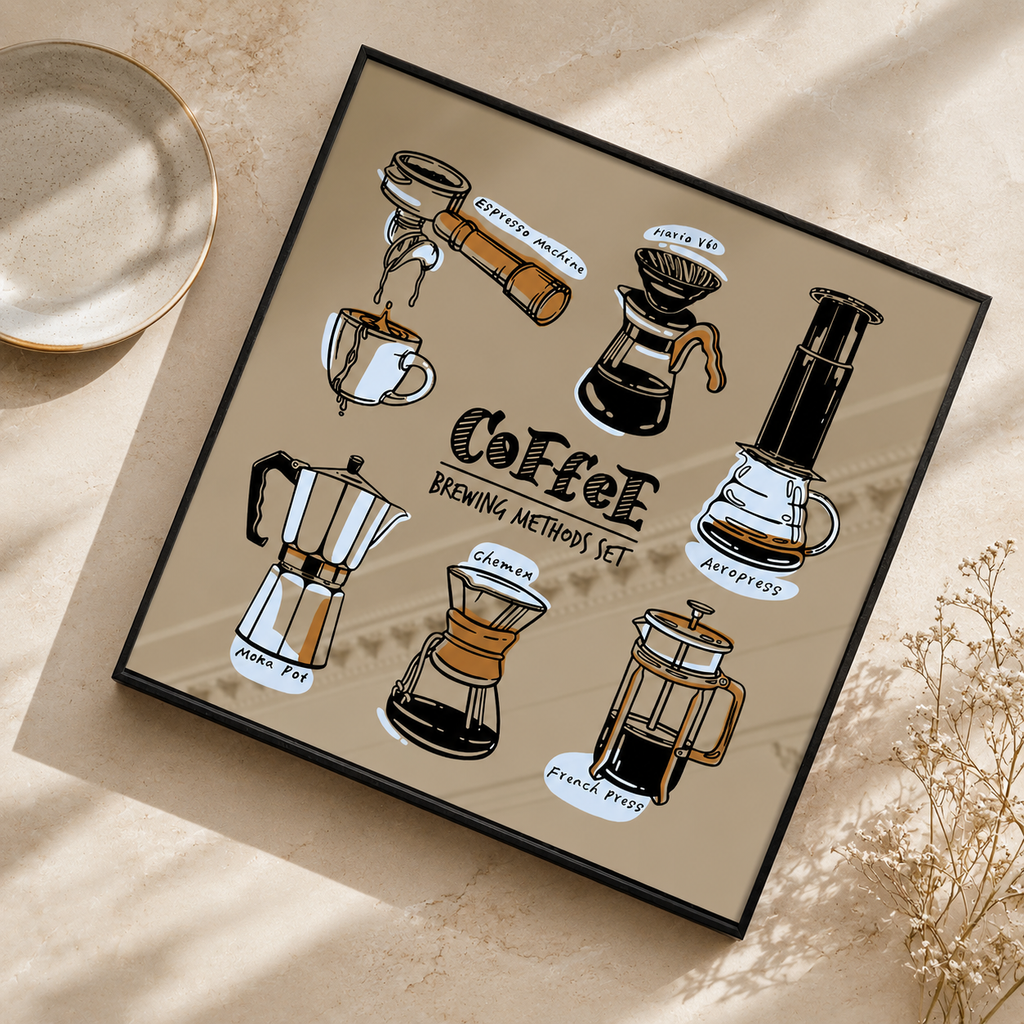 Coffee Brewing Methods Acrylic Mirror Wall Art | Coffee Bar Decor