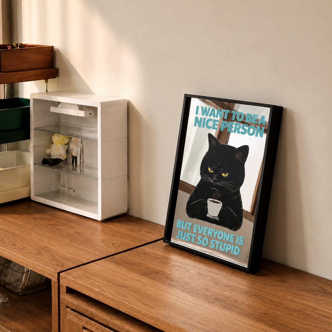 Funny Black Cat Acrylic Mirror Wall Art, Framed Quote Decor for Living Room, Kitchen & Coffee Bar