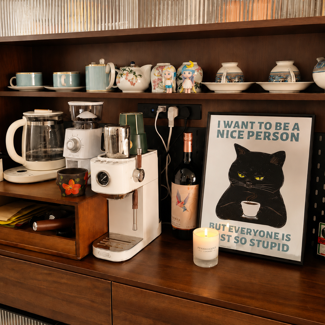 Funny Black Cat Acrylic Mirror Wall Art, Framed Quote Decor for Living Room, Kitchen & Coffee Bar