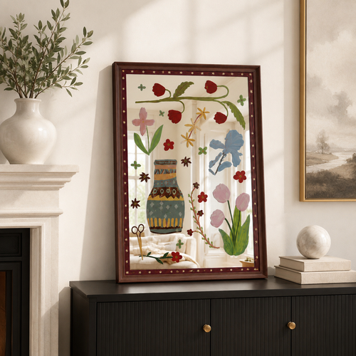 Colorful Floral Acrylic Mirror Wall Art, Framed Botanical Decor for Living Room & Bedroom