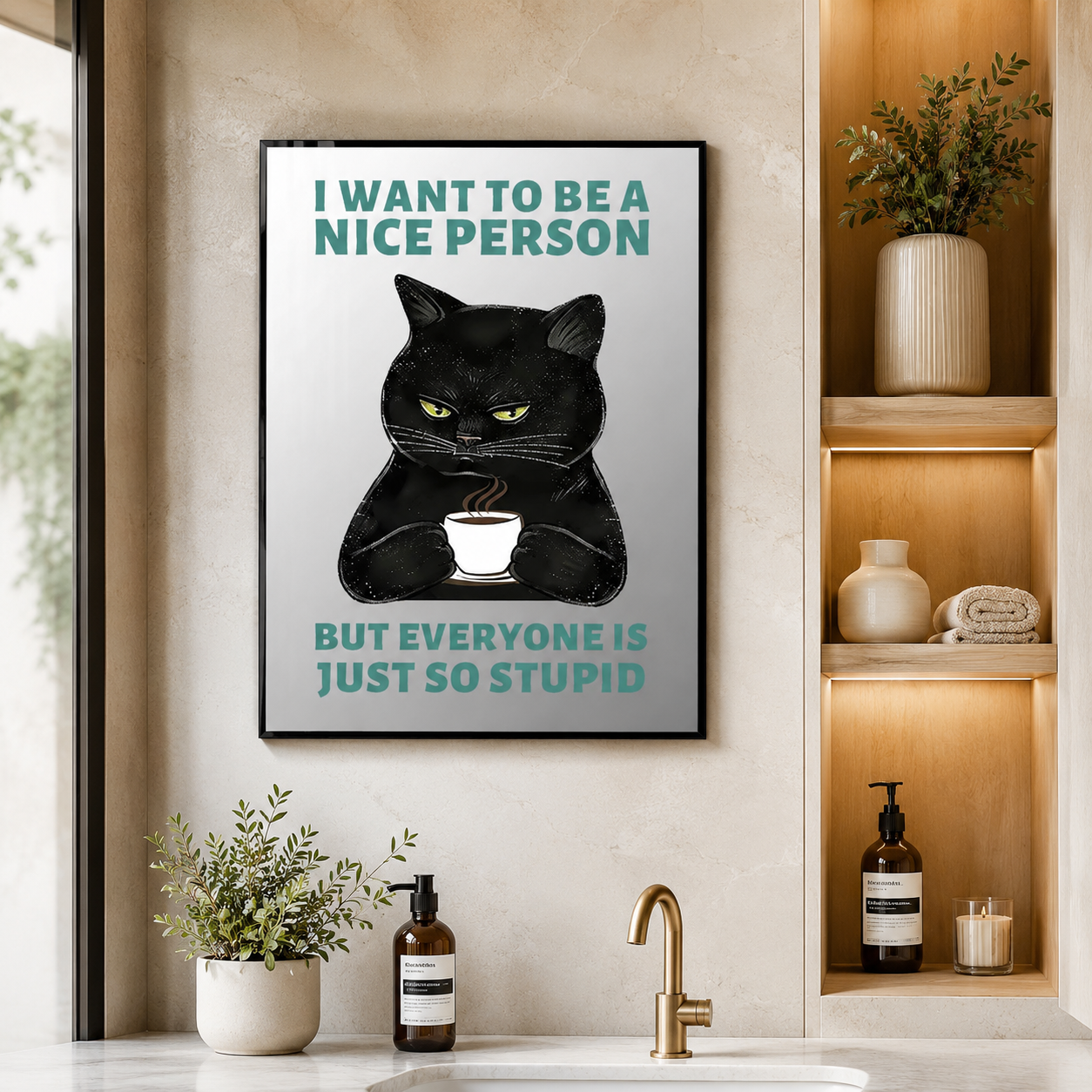 Funny Black Cat Acrylic Mirror Wall Art, Framed Quote Decor for Living Room, Kitchen & Coffee Bar