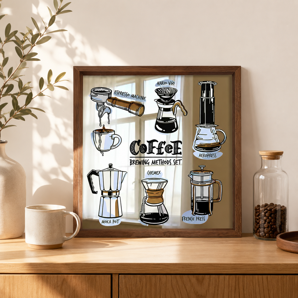 Coffee Brewing Methods Acrylic Mirror Wall Art | Coffee Bar Decor