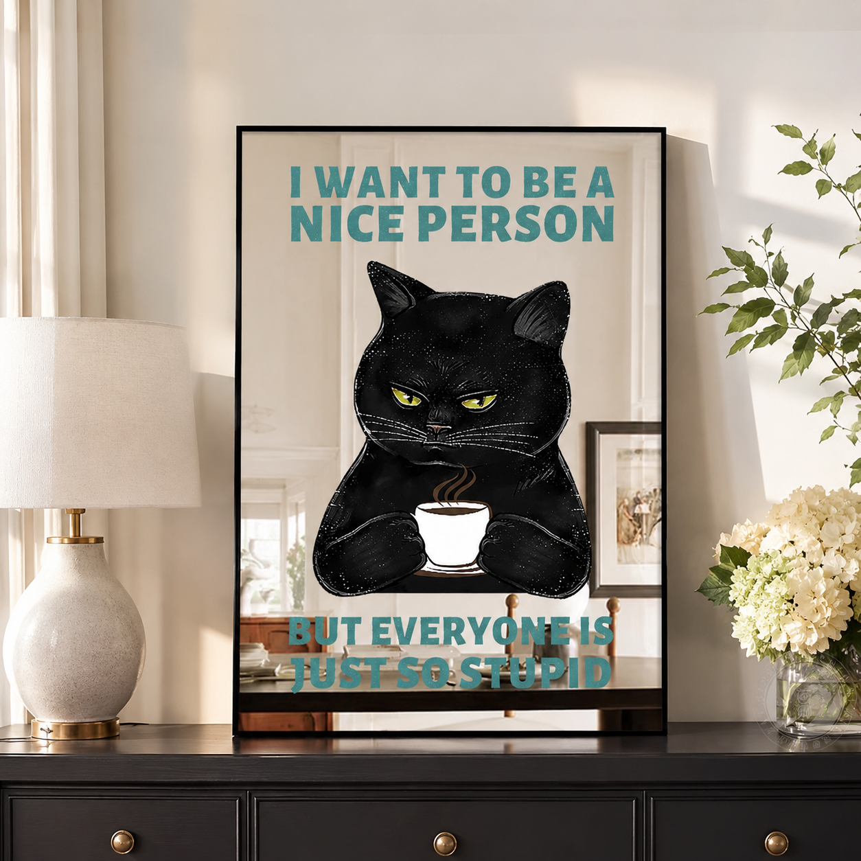 Funny Black Cat Acrylic Mirror Wall Art, Framed Quote Decor for Living Room, Kitchen & Coffee Bar