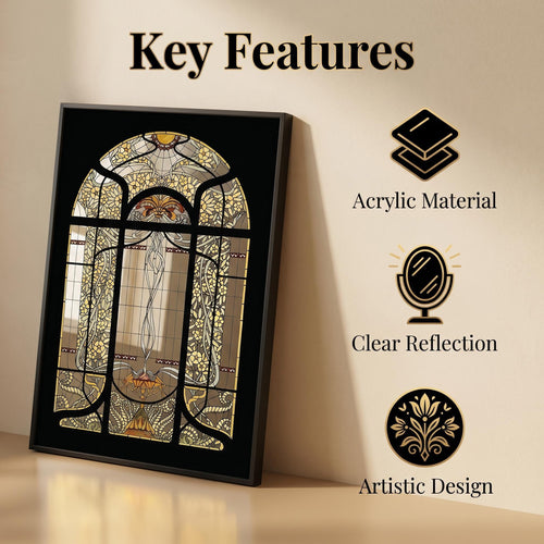 Arched Stained Glass Acrylic Mirror Wall Art | Black Framed Window Decor