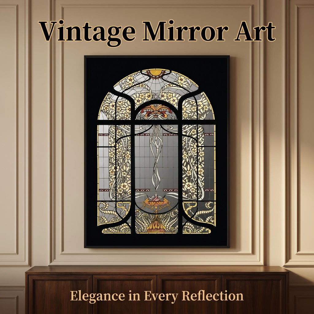 Arched Stained Glass Acrylic Mirror Wall Art | Black Framed Window Decor