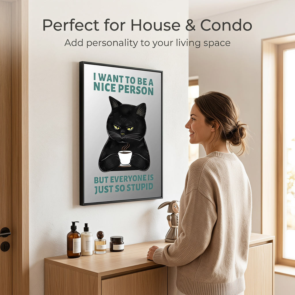 Funny Black Cat Acrylic Mirror Wall Art, Framed Quote Decor for Living Room, Kitchen & Coffee Bar