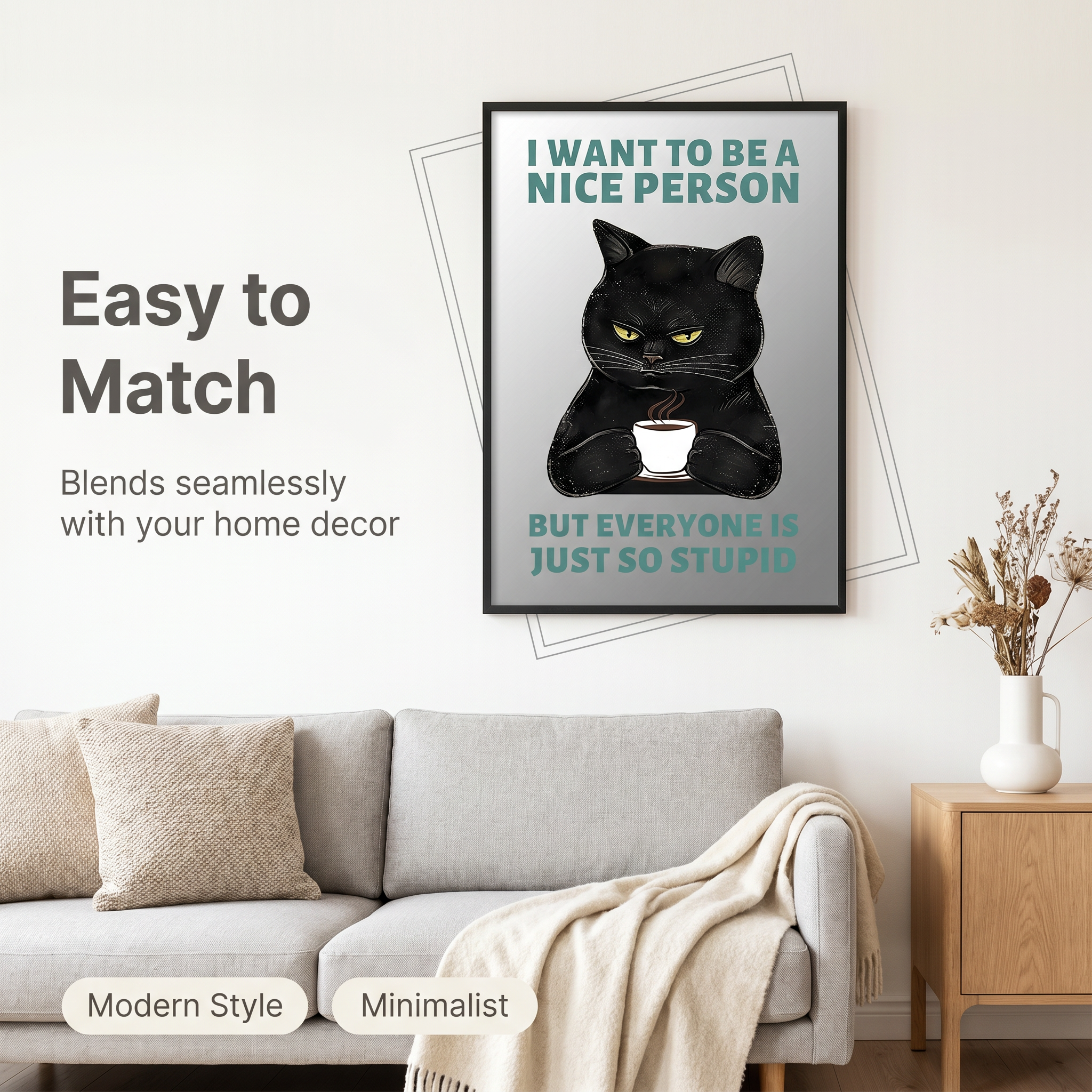 Funny Black Cat Acrylic Mirror Wall Art, Framed Quote Decor for Living Room, Kitchen & Coffee Bar