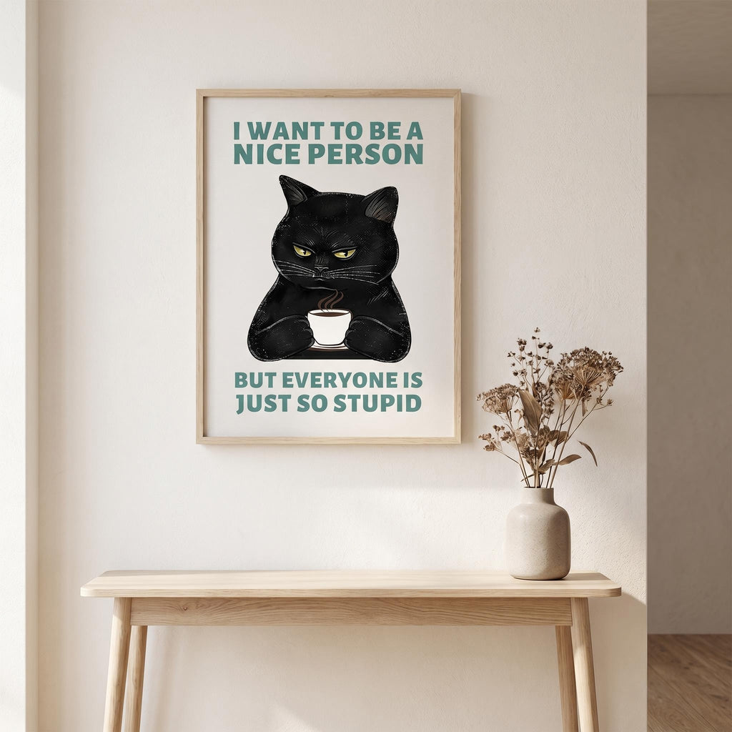Funny Black Cat Acrylic Mirror Wall Art, Framed Quote Decor for Living Room, Kitchen & Coffee Bar