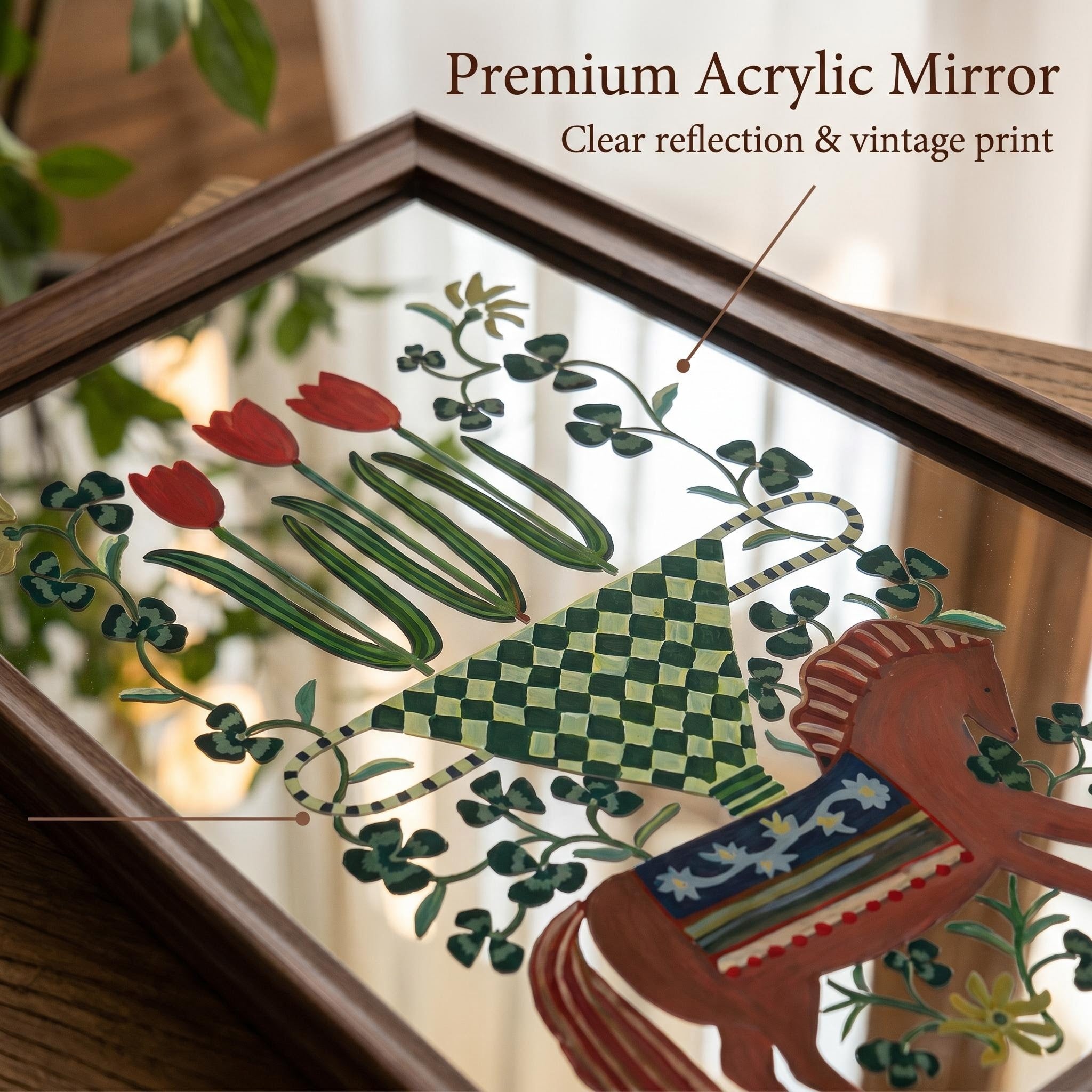 Vintage Folk Horse Acrylic Mirror Wall Art | Floral Mirror Decor