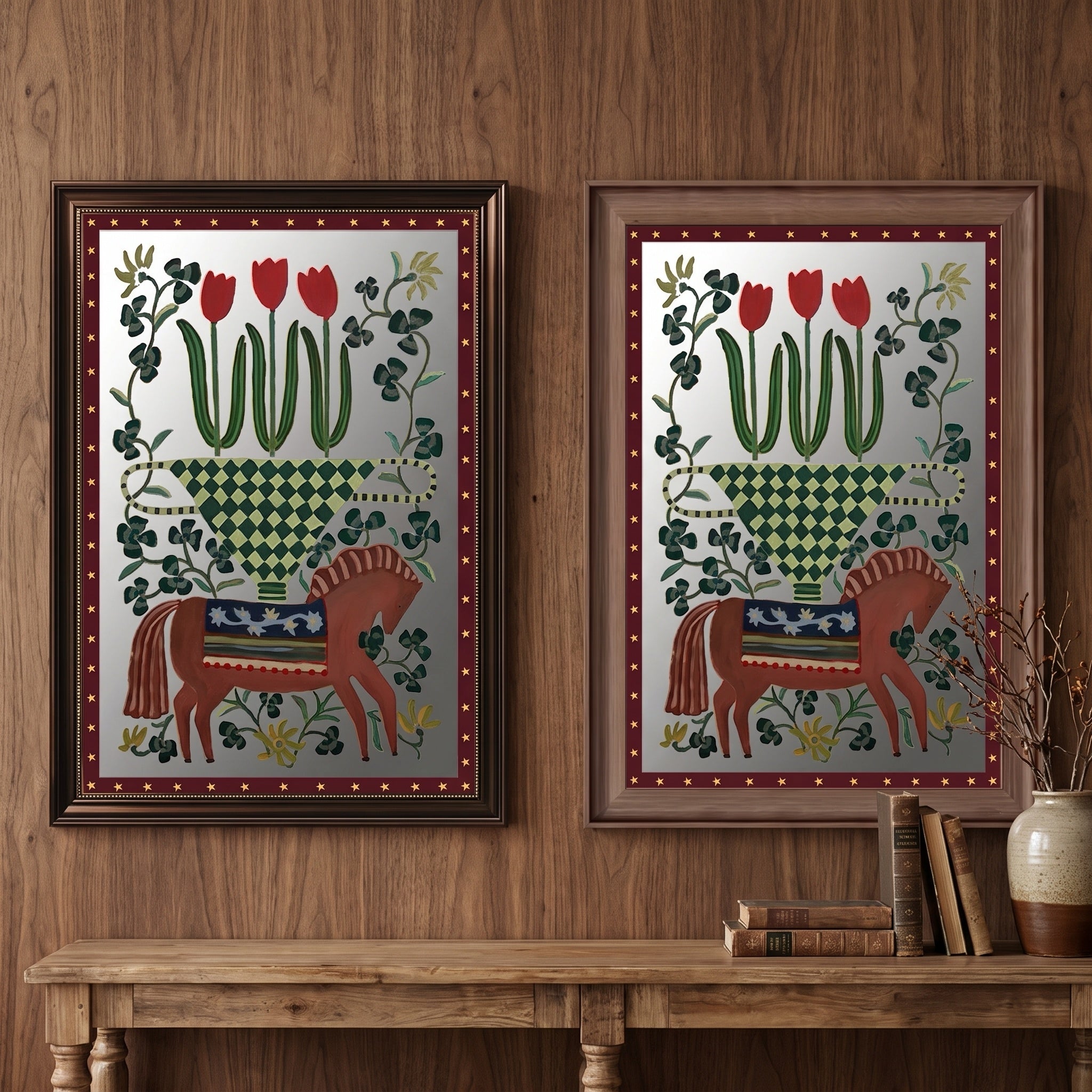 Vintage Folk Horse Acrylic Mirror Wall Art | Floral Mirror Decor