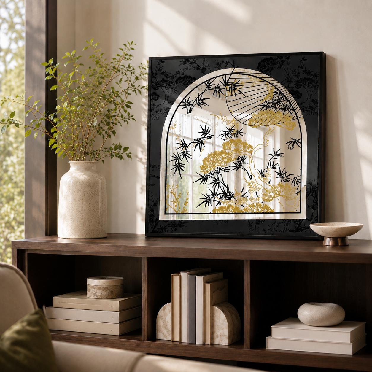 Chinoiserie Arched Acrylic Mirror Wall Art | Bird & Botanical Decor