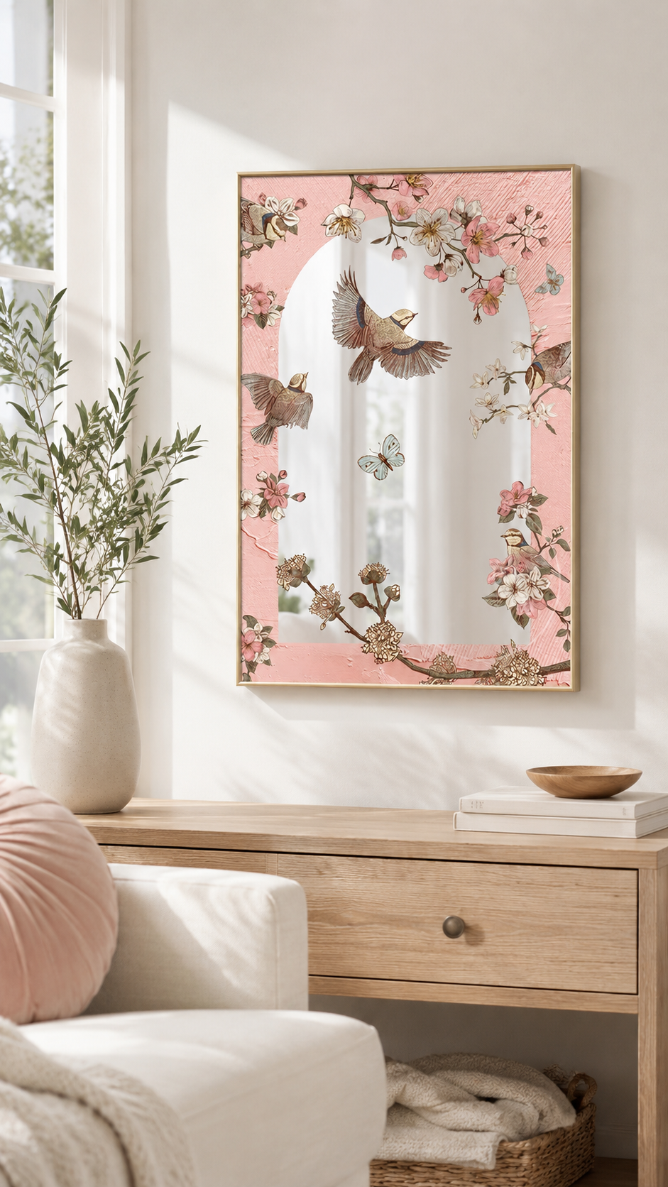 French Floral Bird Acrylic Mirror Wall Art | Pink Botanical Mirror Decor